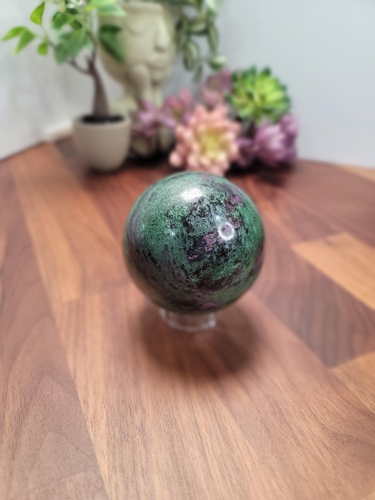 Ruby In Zoisite Crystal Sphere Decorative, Neon Green Pink Gem (70mm, Natural Gemstone, Unique Gift)