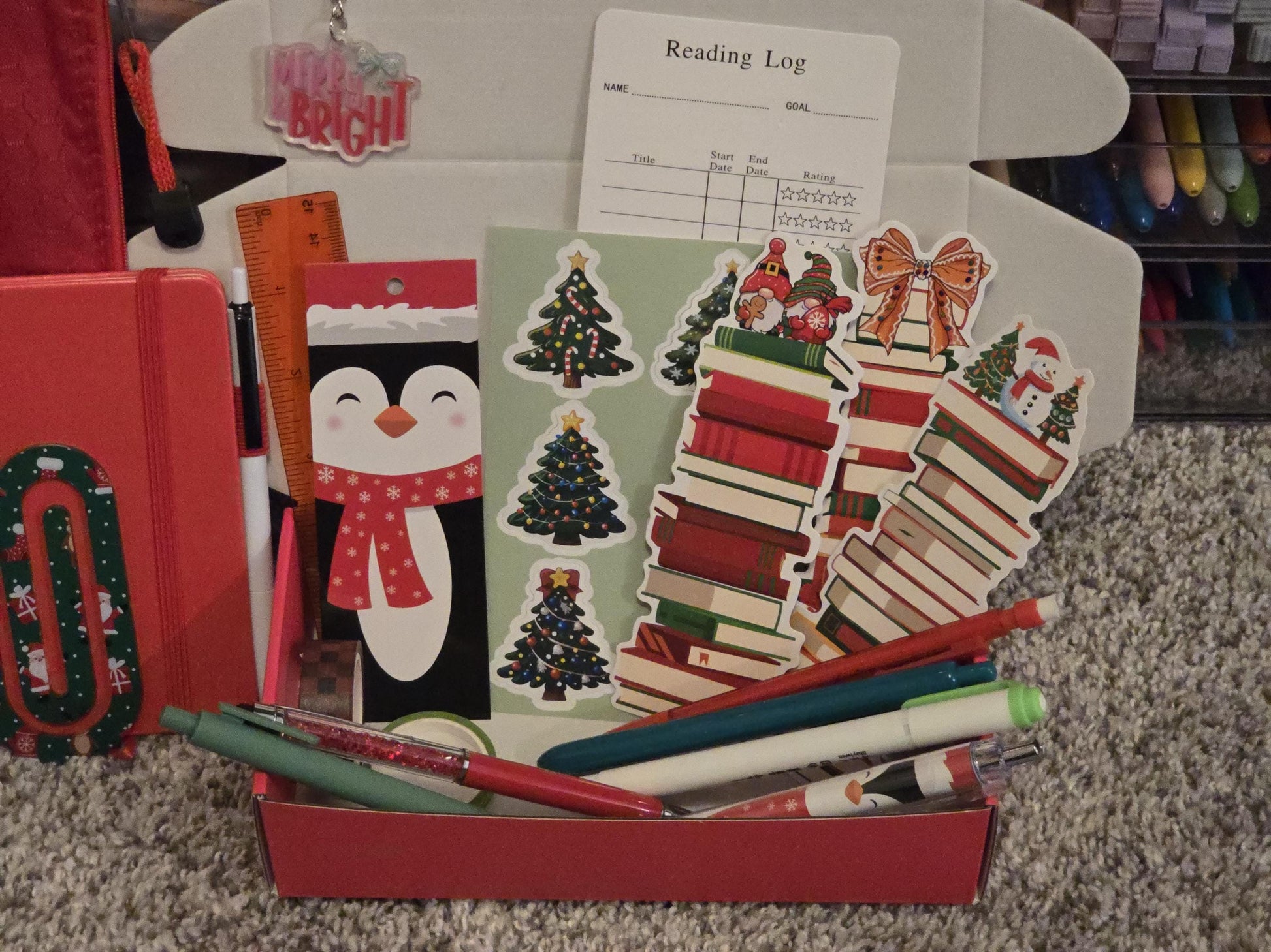 Holiday Bookish Bundle: Notebook, Pens, Bookmarks - Festive Gift Box