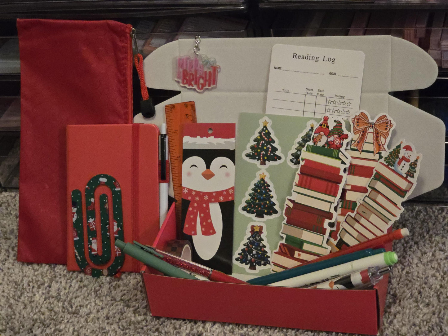 Holiday Bookish Bundle: Notebook, Pens, Bookmarks - Festive Gift Box