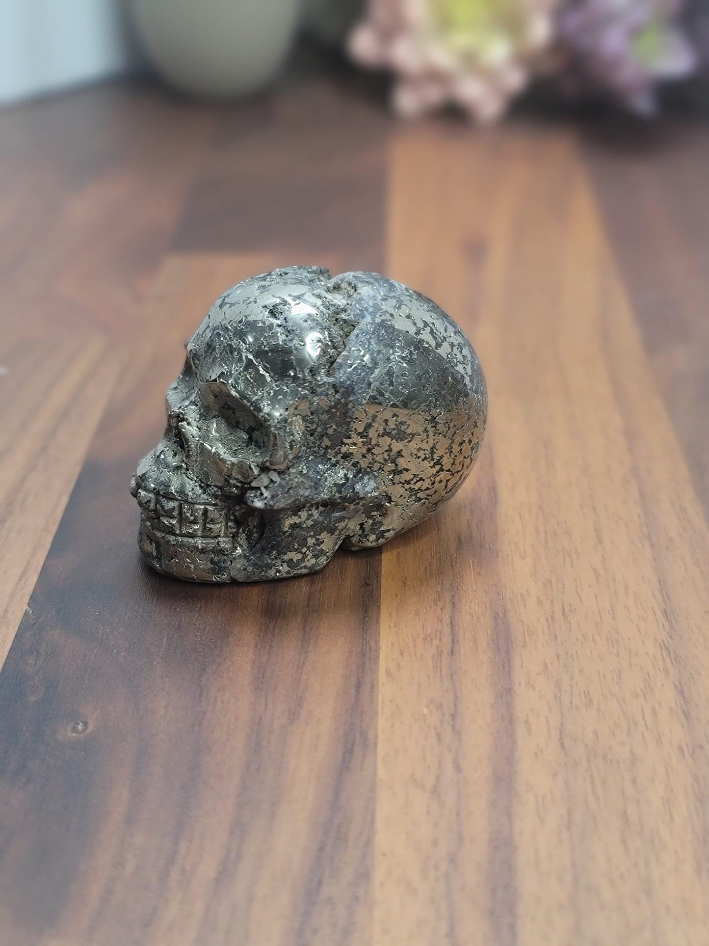 Pretty Pyrite Crystal Skull Carving | 2.4 X 1.7 Inches | Gold and Black | Only 1 Available