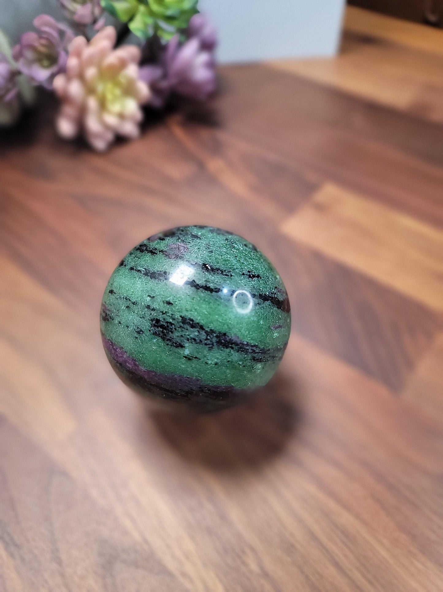Ruby In Zoisite Crystal Sphere Decorative, Neon Green Pink Gem (70mm, Natural Gemstone, Unique Gift)