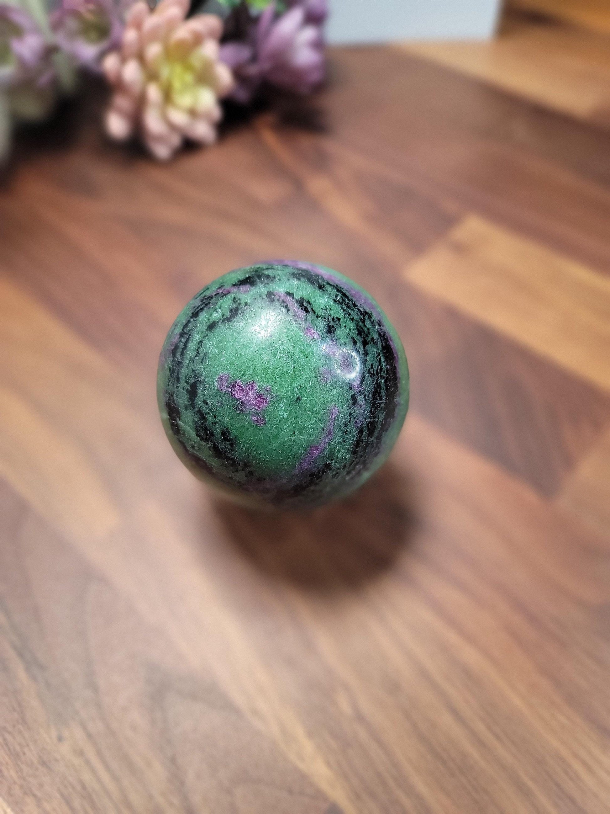 Ruby In Zoisite Crystal Sphere Decorative, Neon Green Pink Gem (70mm, Natural Gemstone, Unique Gift)