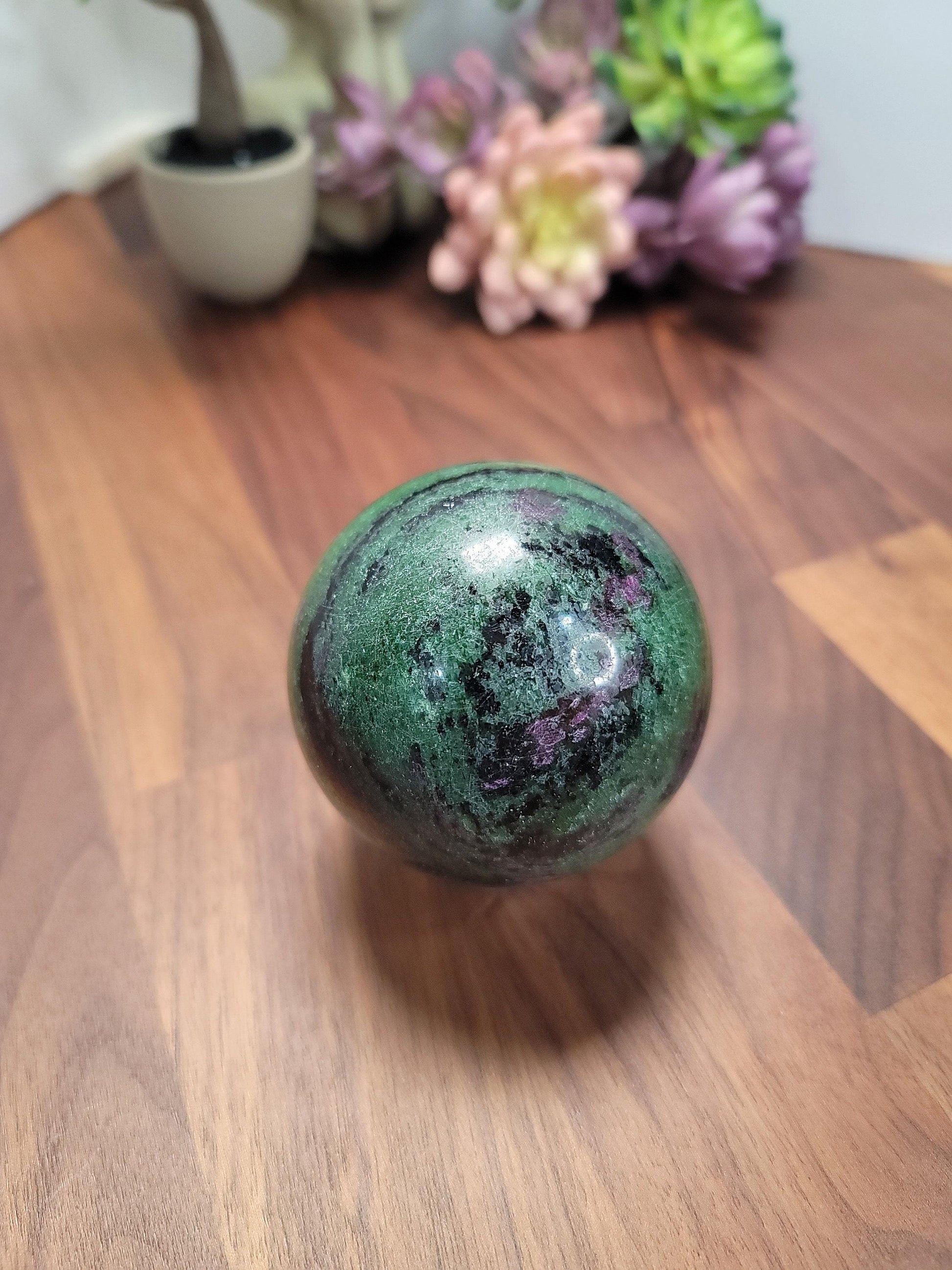Ruby In Zoisite Crystal Sphere Decorative, Neon Green Pink Gem (70mm, Natural Gemstone, Unique Gift)
