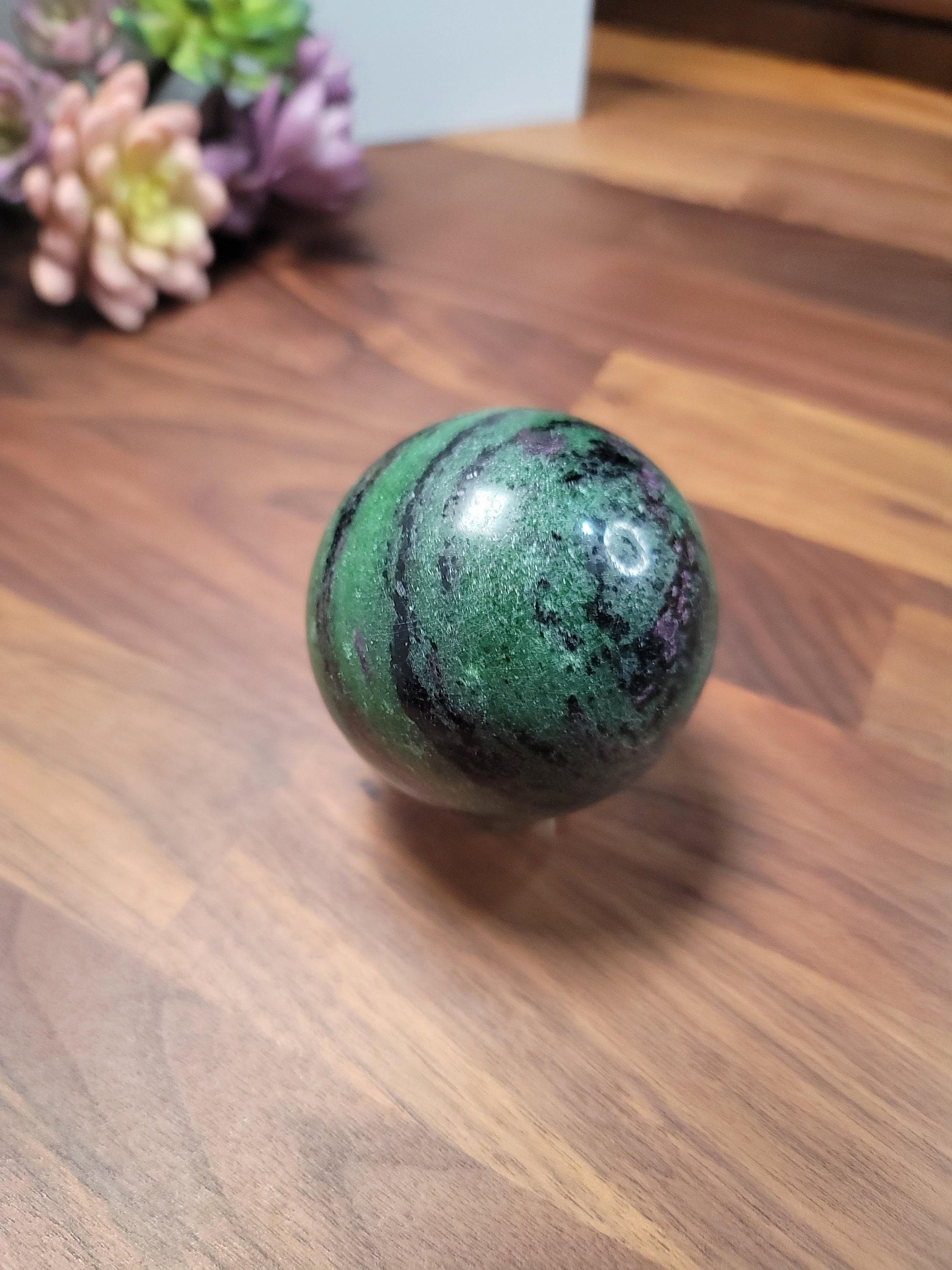 Ruby In Zoisite Crystal Sphere Decorative, Neon Green Pink Gem (70mm, Natural Gemstone, Unique Gift)