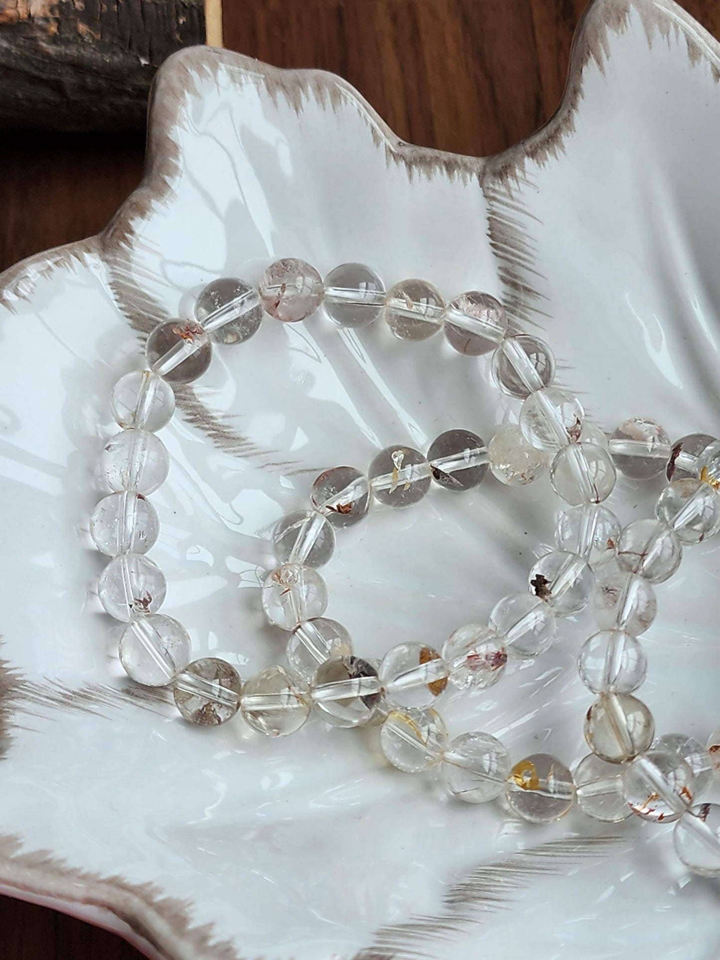 Clear Garden Quartz Bracelet: 8MM Natural Crystal Beads | Gemstones with Subtle Brown, Tan and Green Garden Inclusions