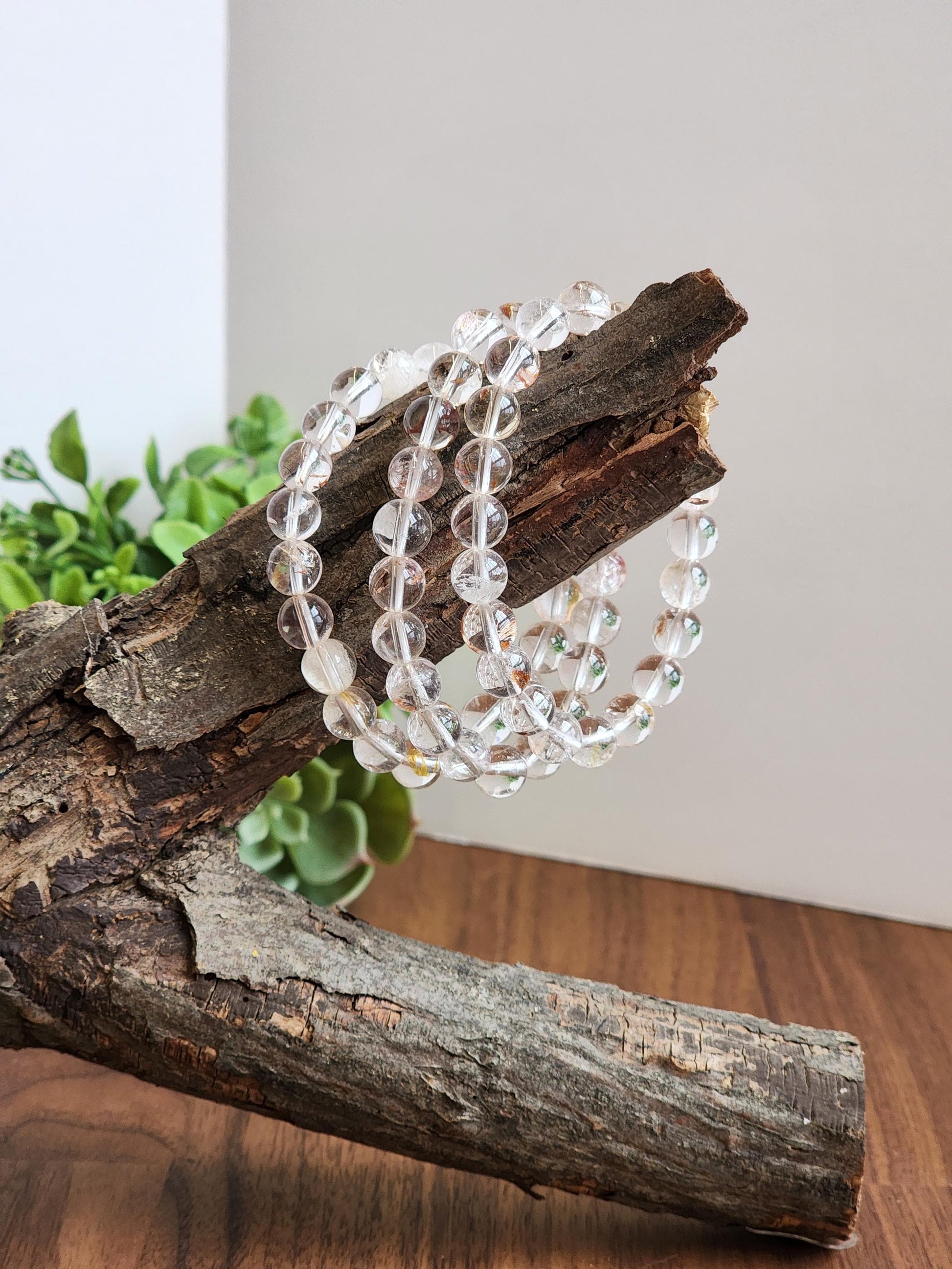Clear Garden Quartz Bracelet: 8MM Natural Crystal Beads | Gemstones with Subtle Brown, Tan and Green Garden Inclusions