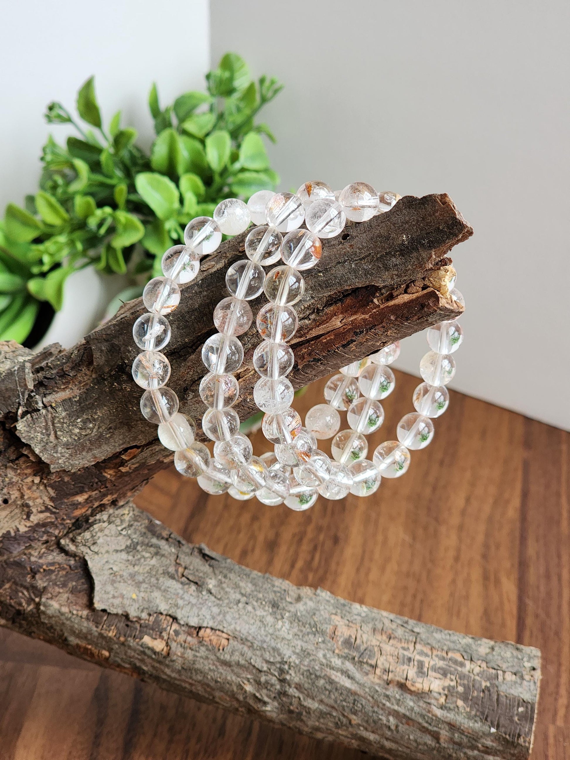 Clear Garden Quartz Bracelet: 8MM Natural Crystal Beads | Gemstones with Subtle Brown, Tan and Green Garden Inclusions