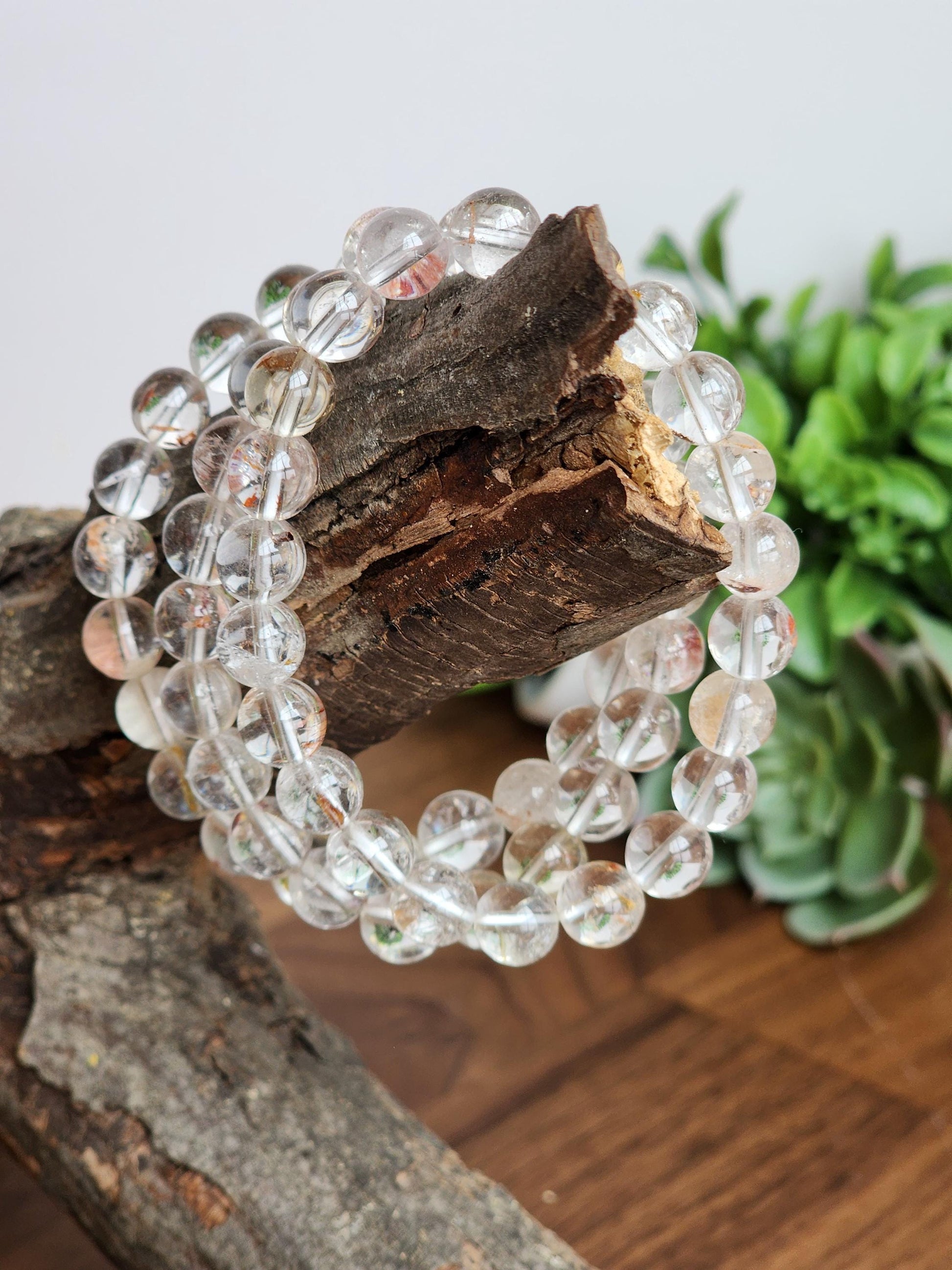Clear Garden Quartz Bracelet: 8MM Natural Crystal Beads | Gemstones with Subtle Brown, Tan and Green Garden Inclusions