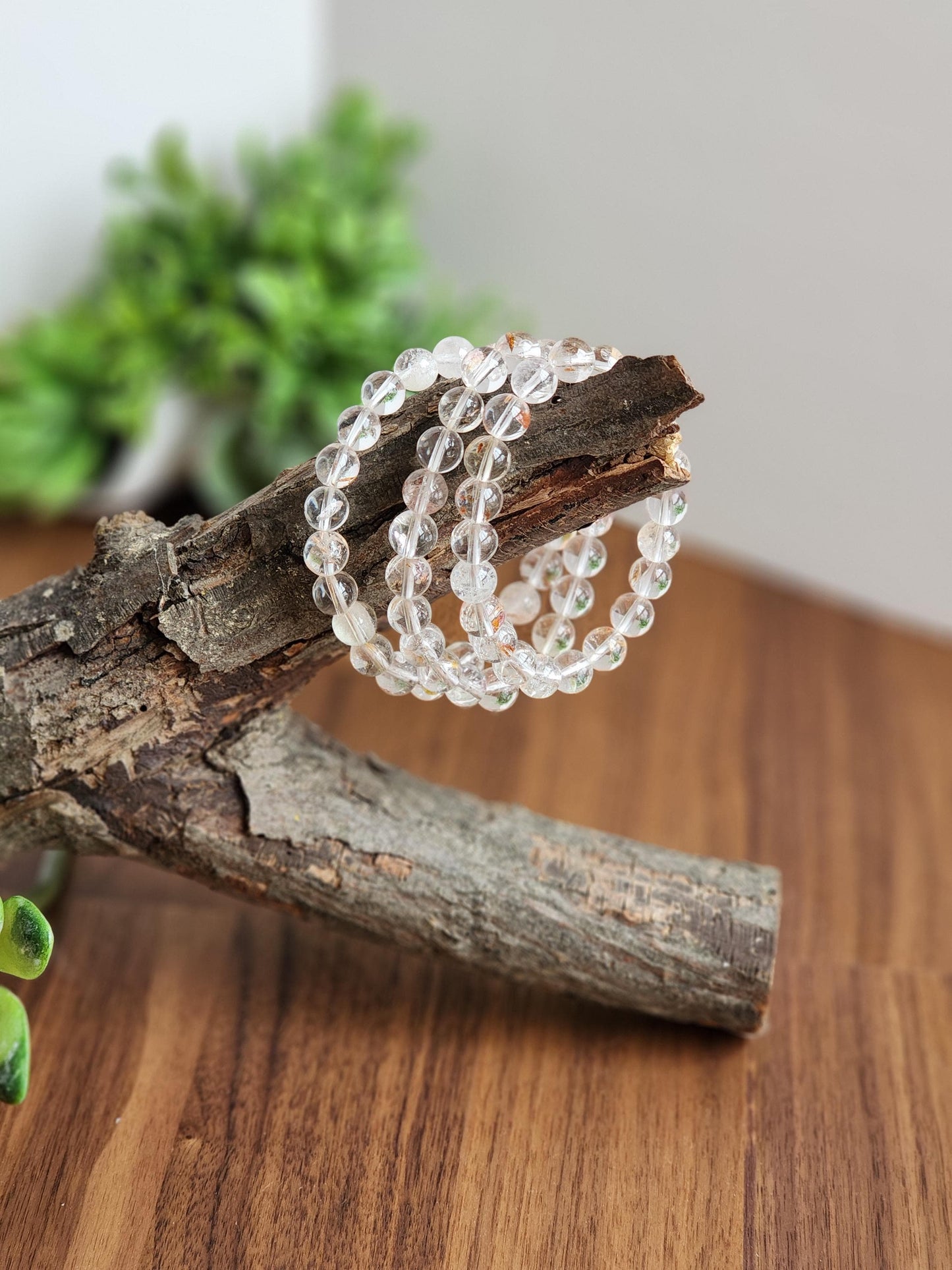 Clear Garden Quartz Bracelet: 8MM Natural Crystal Beads | Gemstones with Subtle Brown, Tan and Green Garden Inclusions