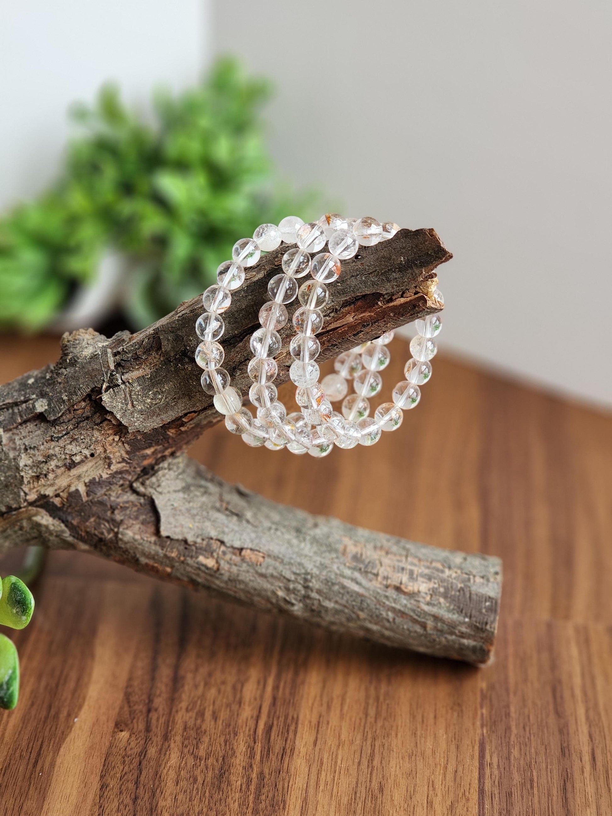 Clear Garden Quartz Bracelet: 8MM Natural Crystal Beads | Gemstones with Subtle Brown, Tan and Green Garden Inclusions