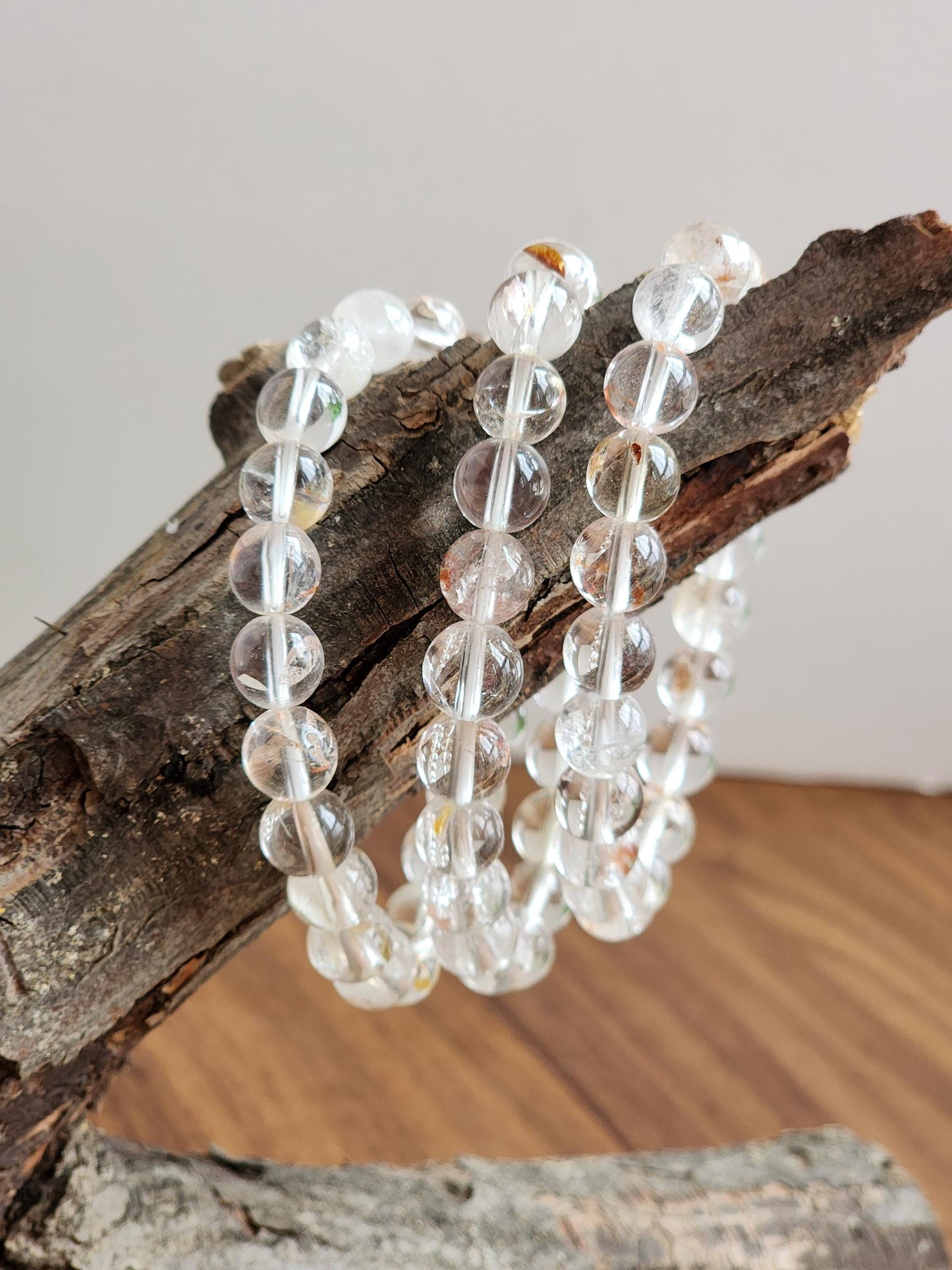 Clear Garden Quartz Bracelet: 8MM Natural Crystal Beads | Gemstones with Subtle Brown, Tan and Green Garden Inclusions