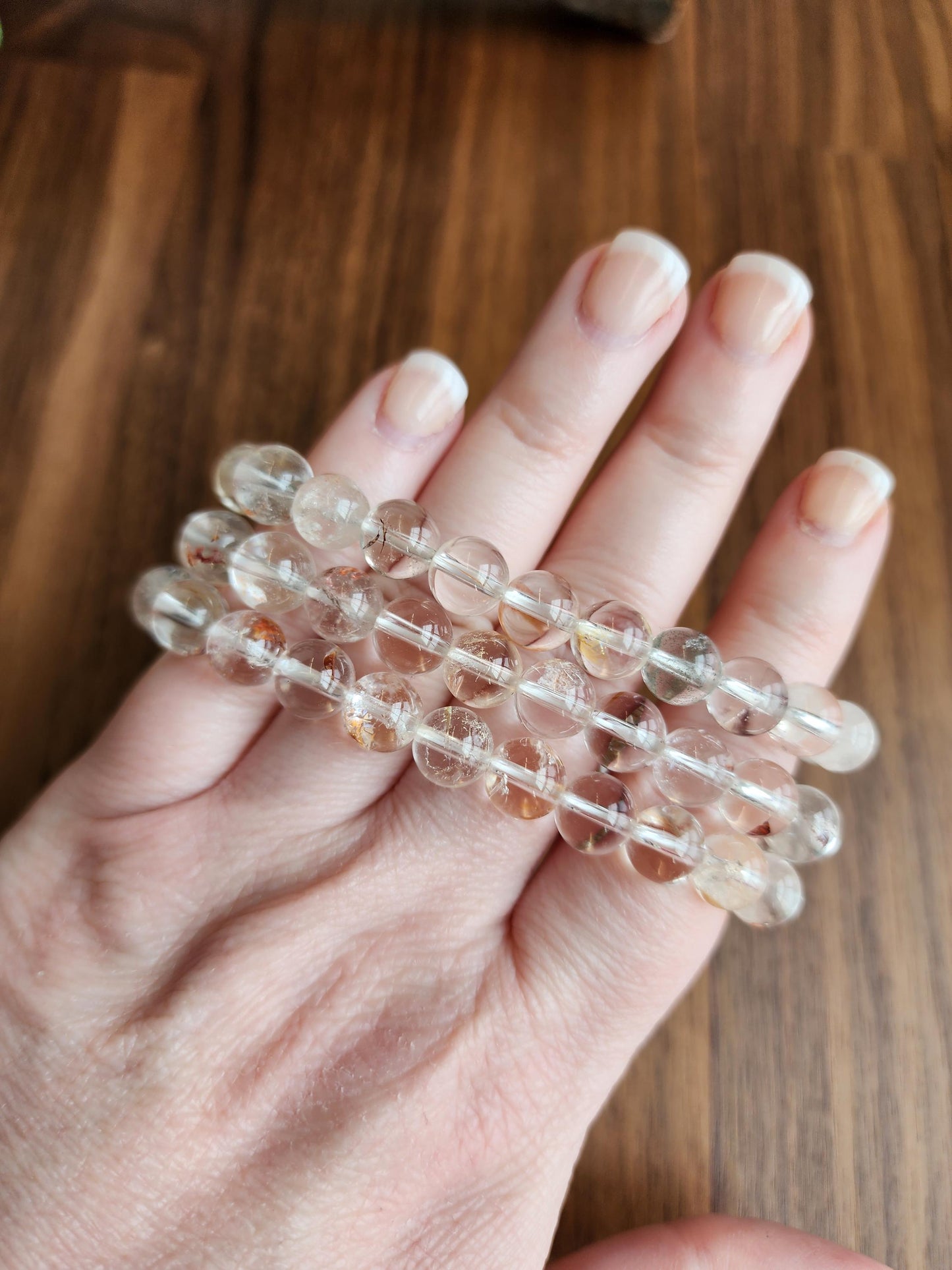 Clear Garden Quartz Bracelet: 8MM Natural Crystal Beads | Gemstones with Subtle Brown, Tan and Green Garden Inclusions