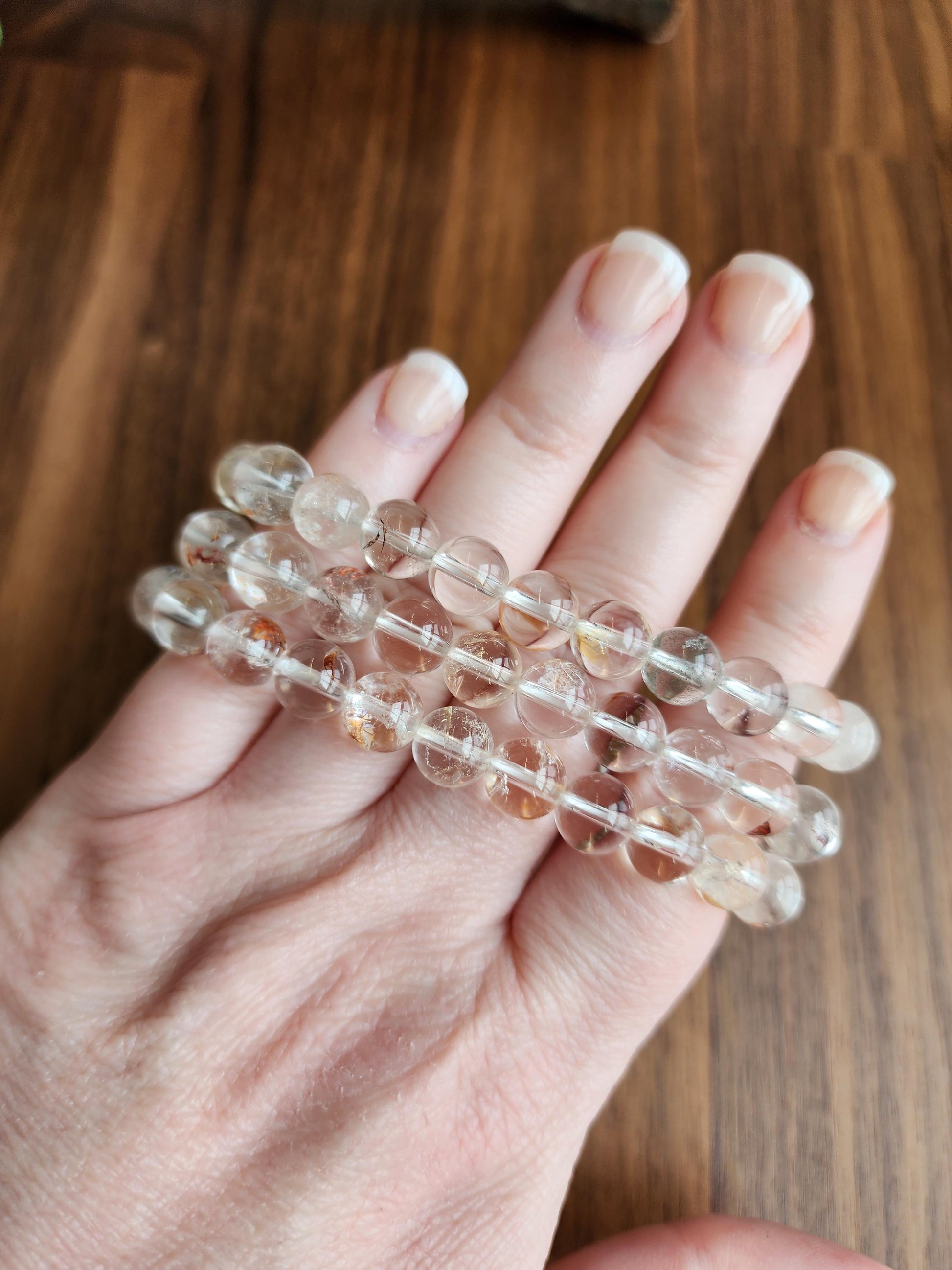 Clear Garden Quartz Bracelet: 8MM Natural Crystal Beads | Gemstones with Subtle Brown, Tan and Green Garden Inclusions