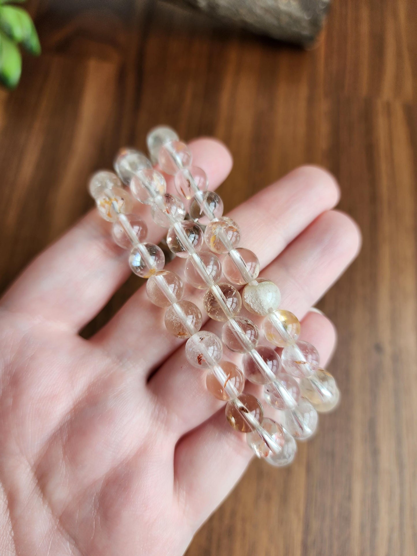 Clear Garden Quartz Bracelet: 8MM Natural Crystal Beads | Gemstones with Subtle Brown, Tan and Green Garden Inclusions