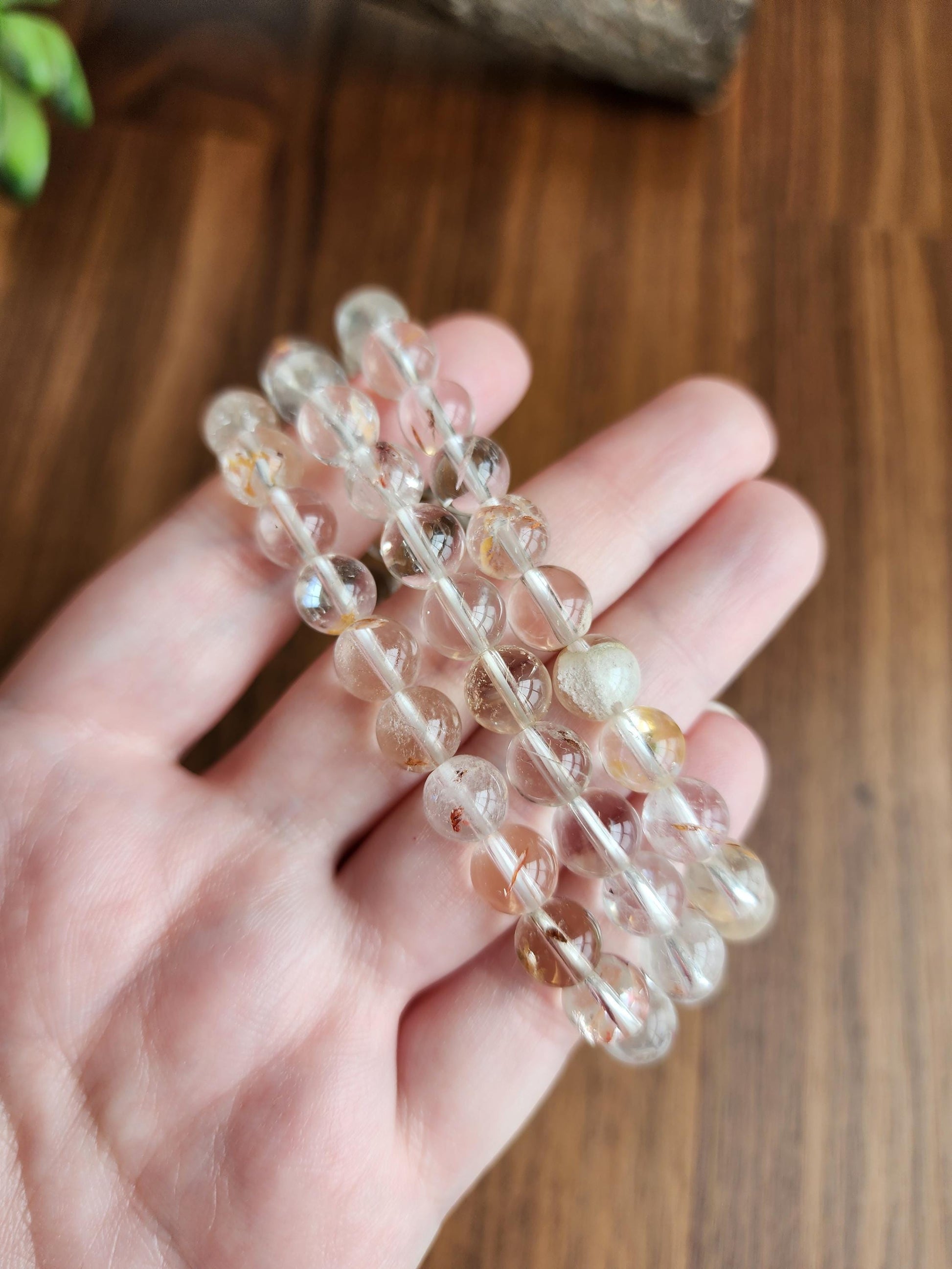 Clear Garden Quartz Bracelet: 8MM Natural Crystal Beads | Gemstones with Subtle Brown, Tan and Green Garden Inclusions