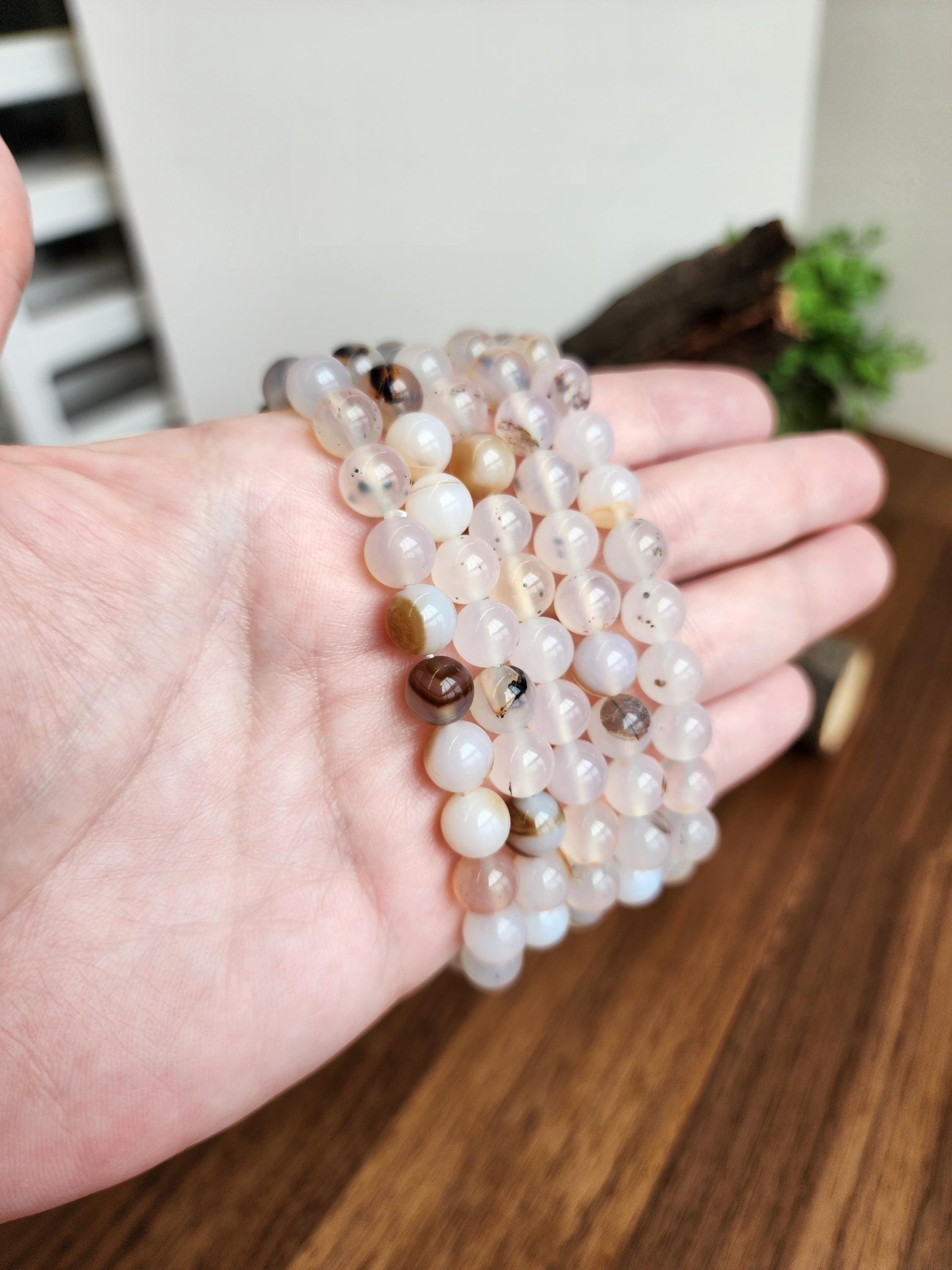 Montana Agate Bracelet: 8MM Cowboy Agate | Natural Crystal Beads | Cloudy White Gemstones with Subtle Brown Sardonyx Banding and Inclusions