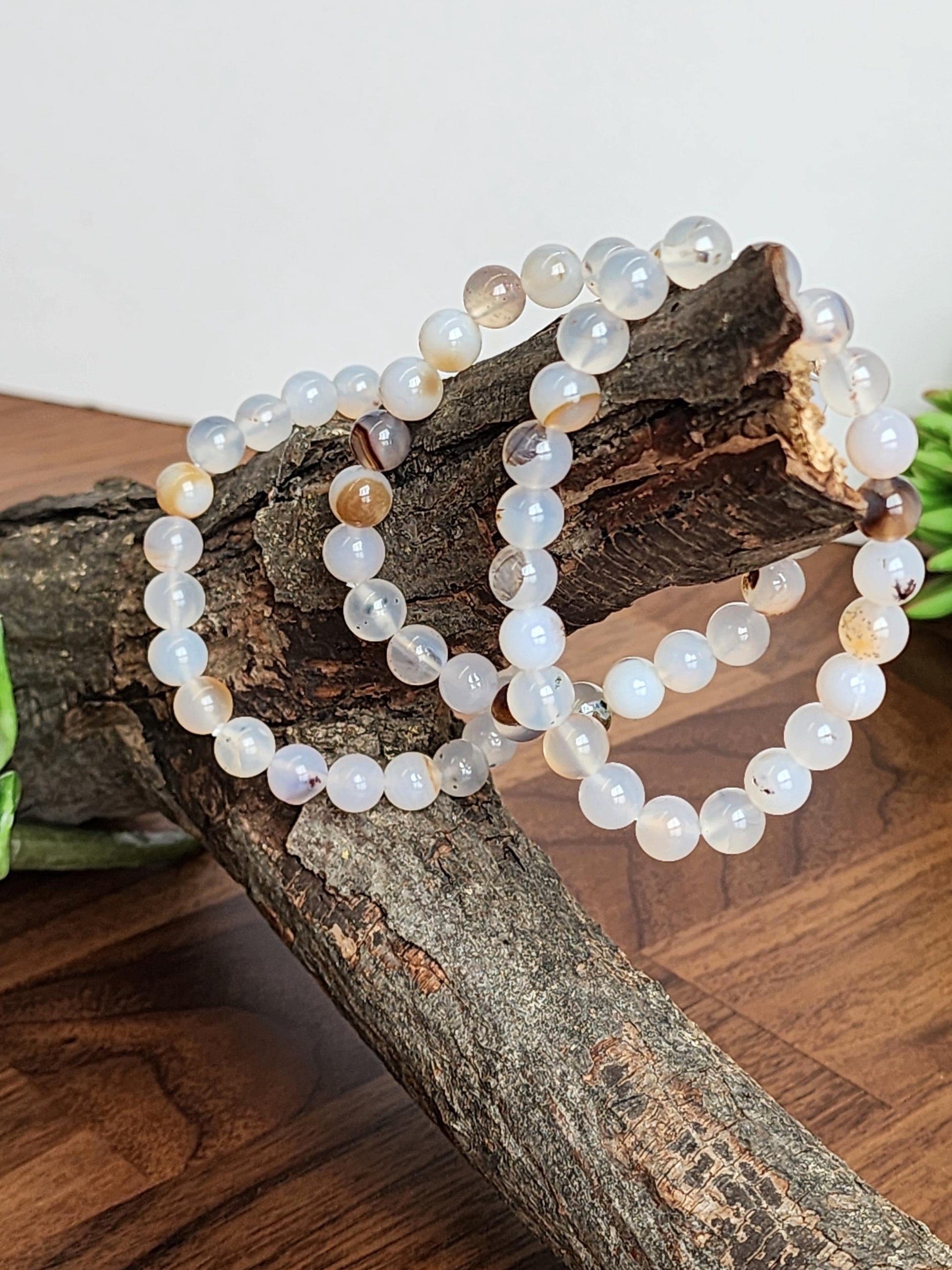 Montana Agate Bracelet: 8MM Cowboy Agate | Natural Crystal Beads | Cloudy White Gemstones with Subtle Brown Sardonyx Banding and Inclusions