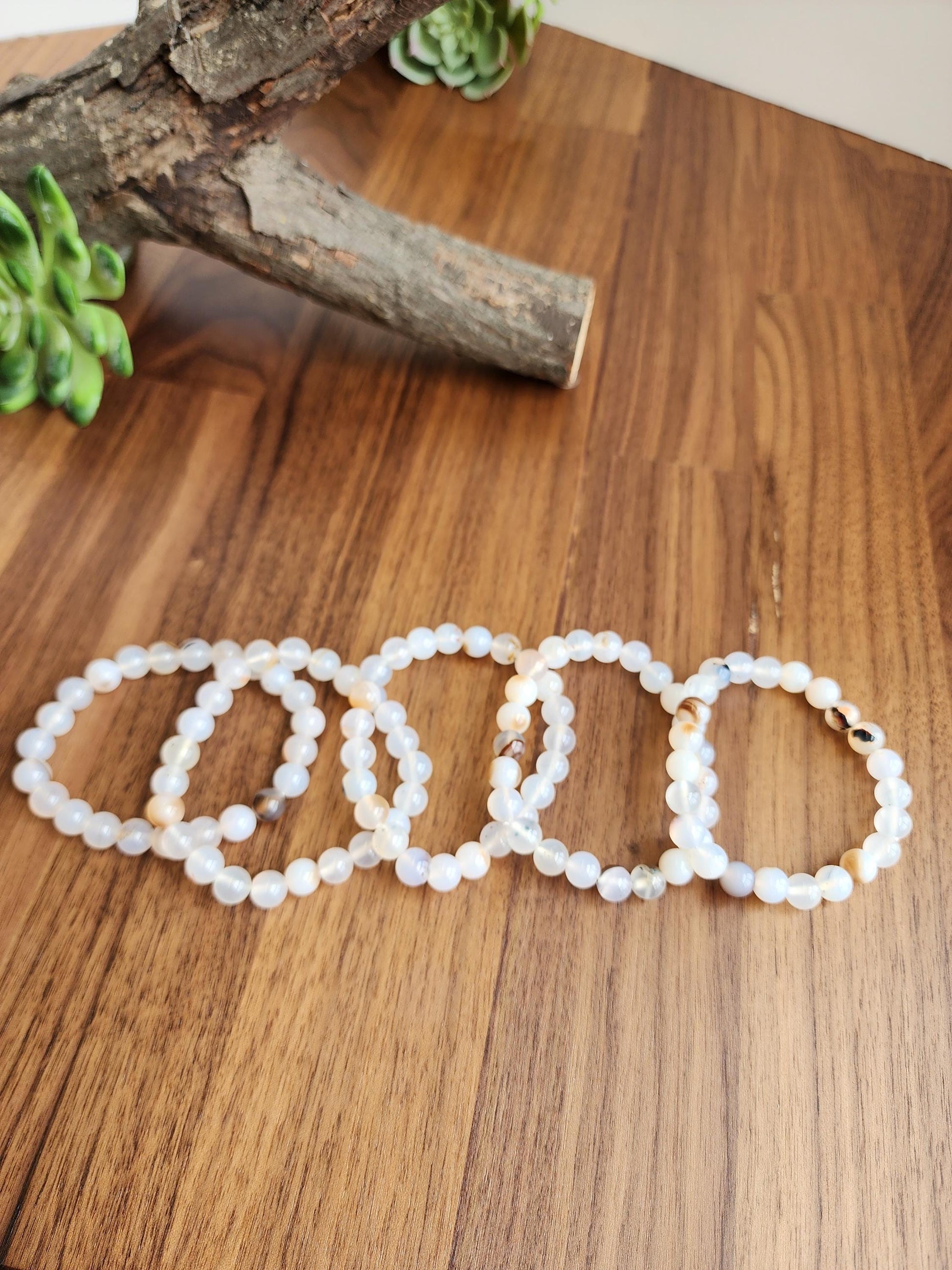 Montana Agate Bracelet: 8MM Cowboy Agate | Natural Crystal Beads | Cloudy White Gemstones with Subtle Brown Sardonyx Banding and Inclusions