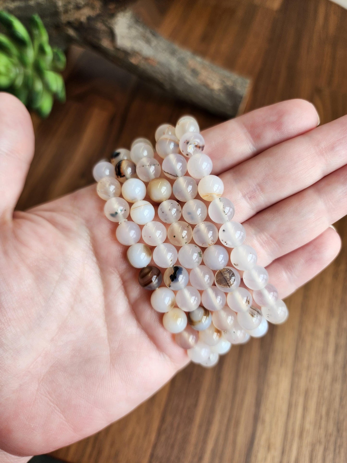 Montana Agate Bracelet: 8MM Cowboy Agate | Natural Crystal Beads | Cloudy White Gemstones with Subtle Brown Sardonyx Banding and Inclusions
