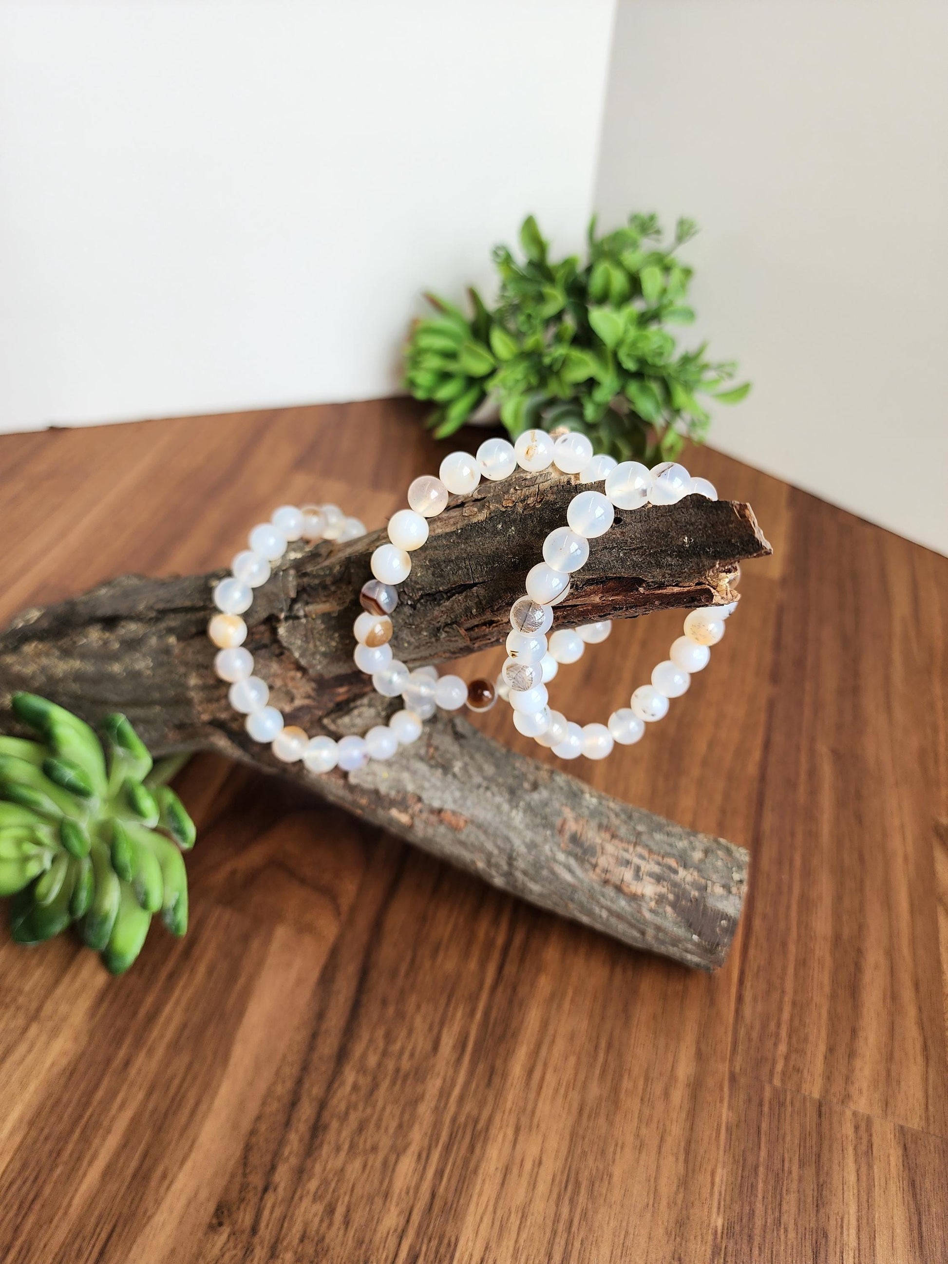 Montana Agate Bracelet: 8MM Cowboy Agate | Natural Crystal Beads | Cloudy White Gemstones with Subtle Brown Sardonyx Banding and Inclusions