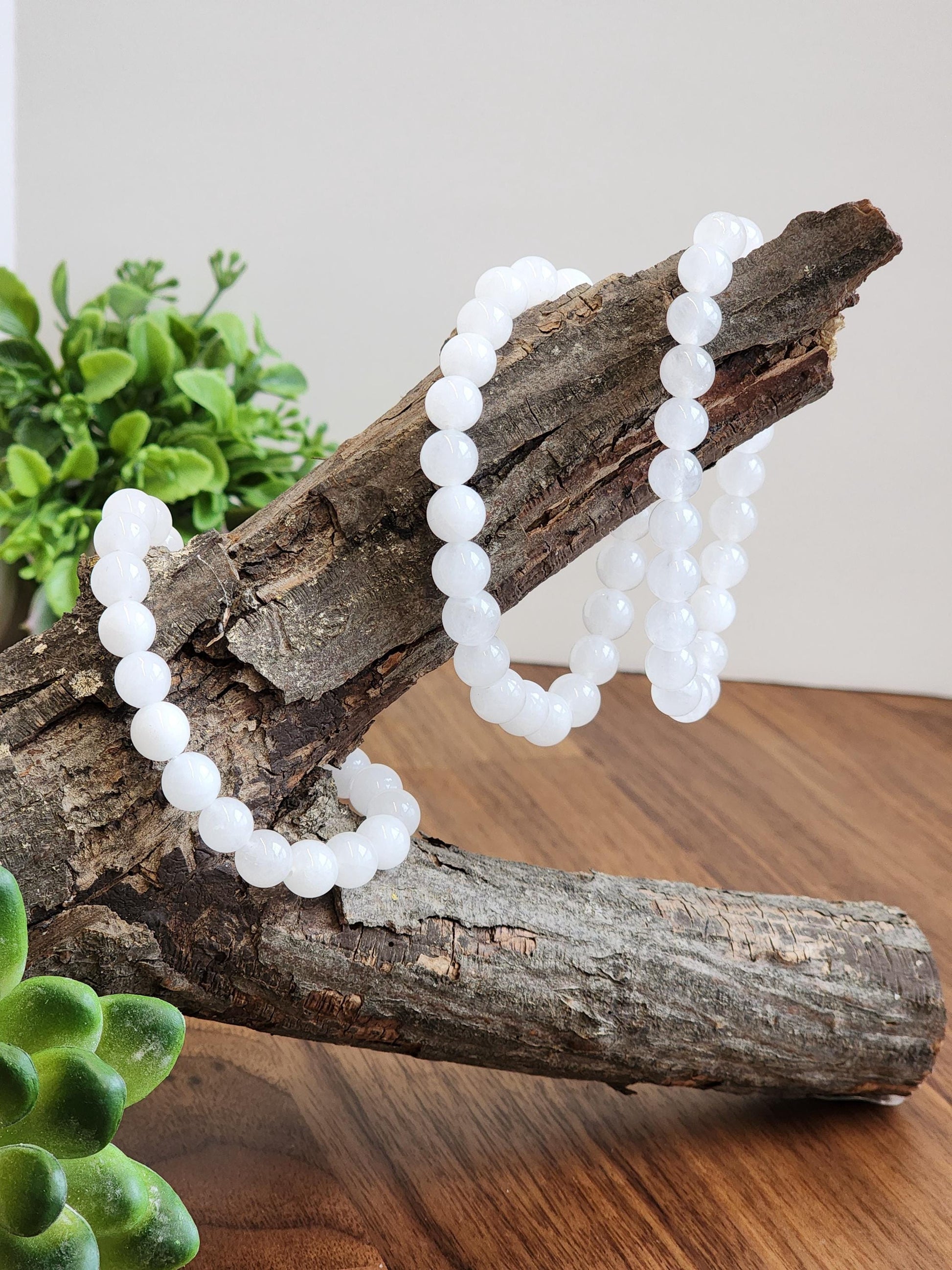 Snow White Agate Bracelet: 8MM Natural Milky Clear Quartz Beads | Cloudy White Gemstones