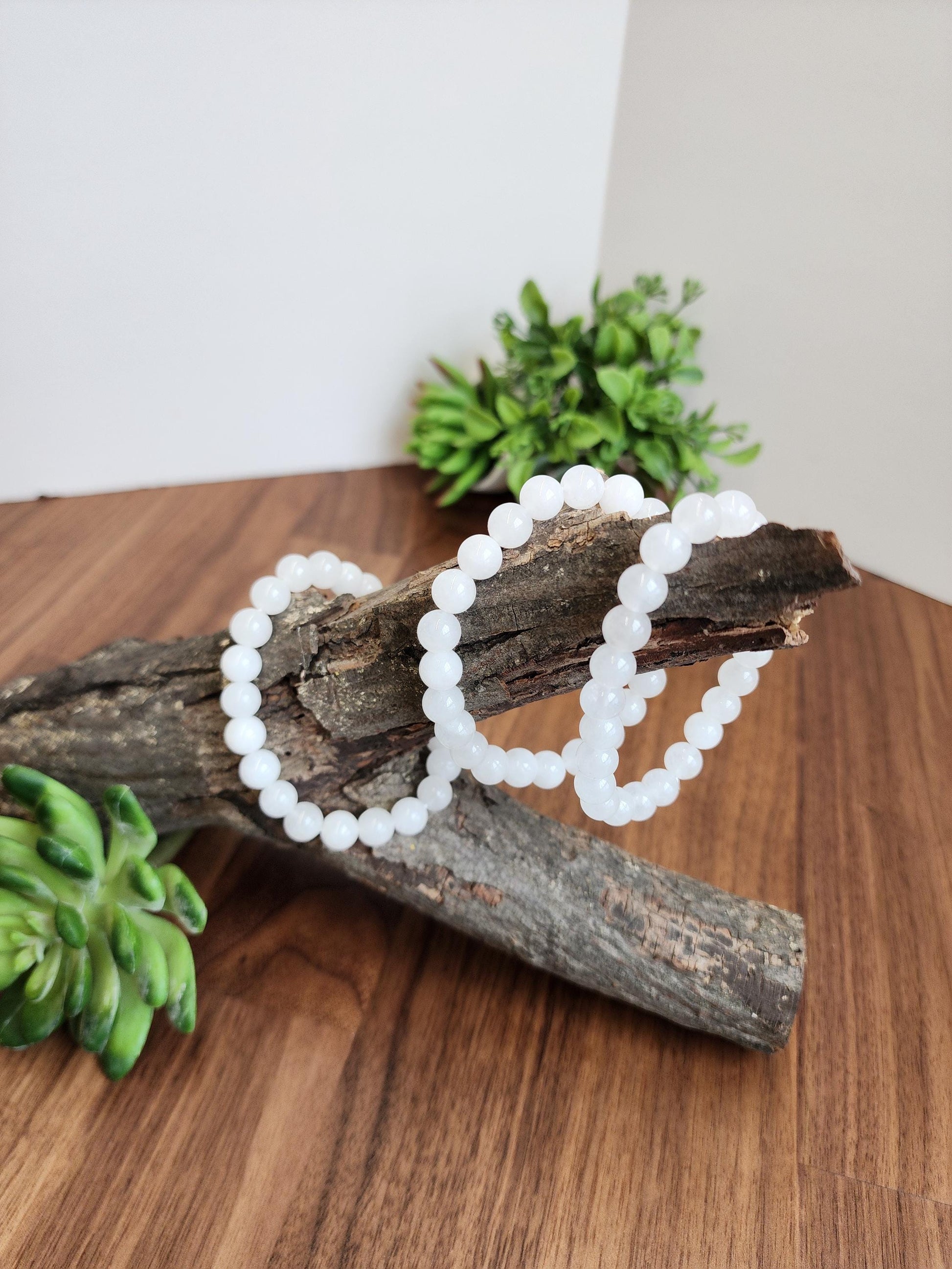 Snow White Agate Bracelet: 8MM Natural Milky Clear Quartz Beads | Cloudy White Gemstones