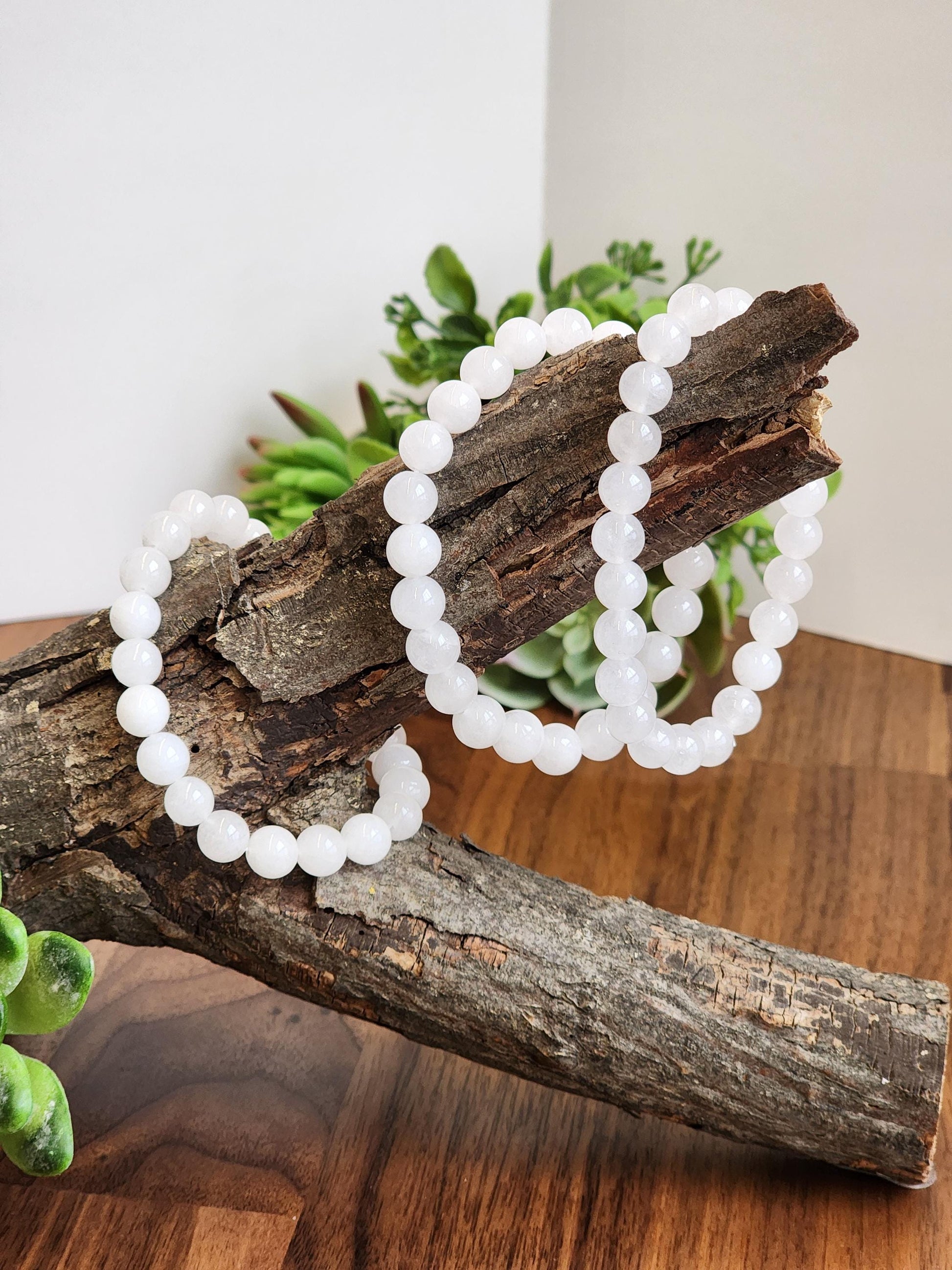 Snow White Agate Bracelet: 8MM Natural Milky Clear Quartz Beads | Cloudy White Gemstones