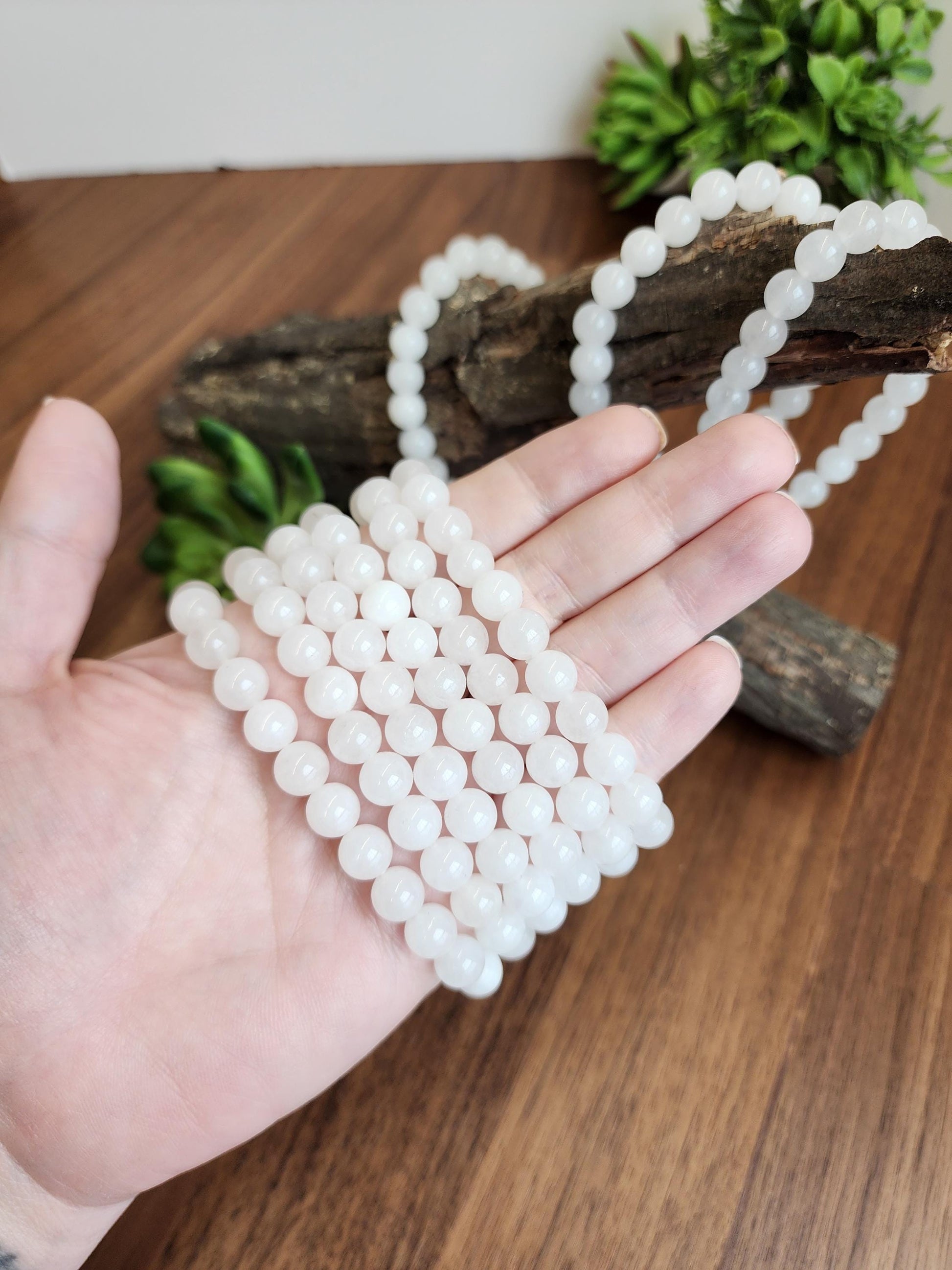 Snow White Agate Bracelet: 8MM Natural Milky Clear Quartz Beads | Cloudy White Gemstones