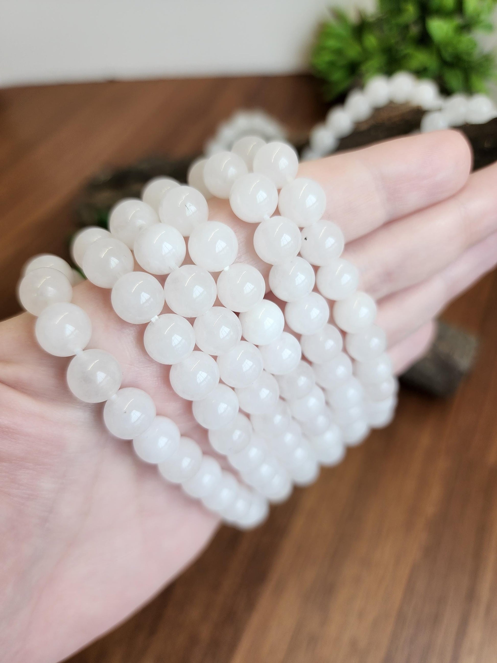 Snow White Agate Bracelet: 8MM Natural Milky Clear Quartz Beads | Cloudy White Gemstones