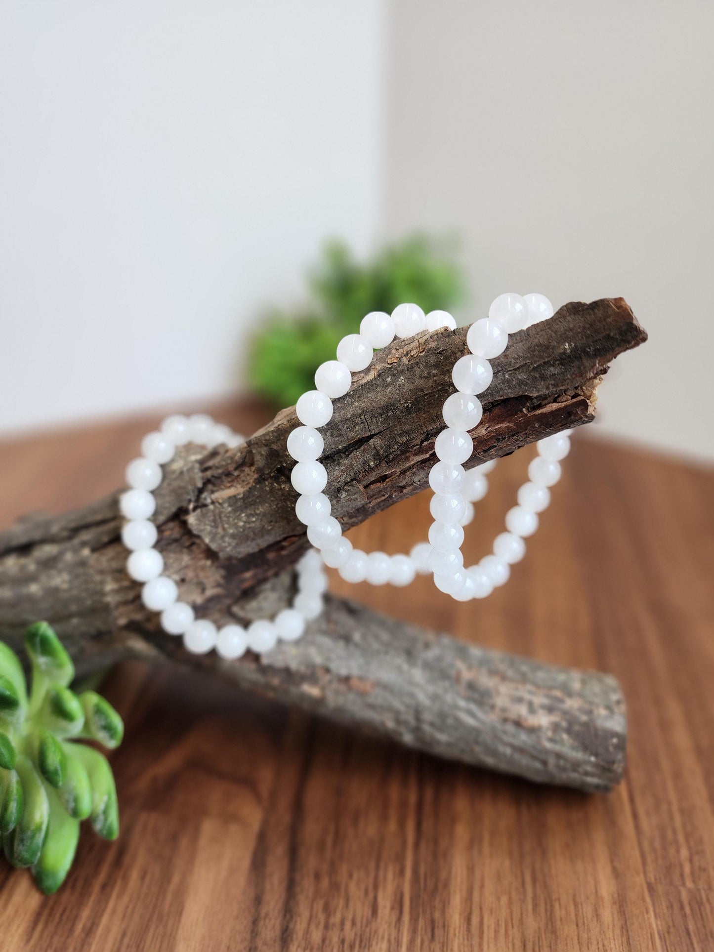 Snow White Agate Bracelet: 8MM Natural Milky Clear Quartz Beads | Cloudy White Gemstones