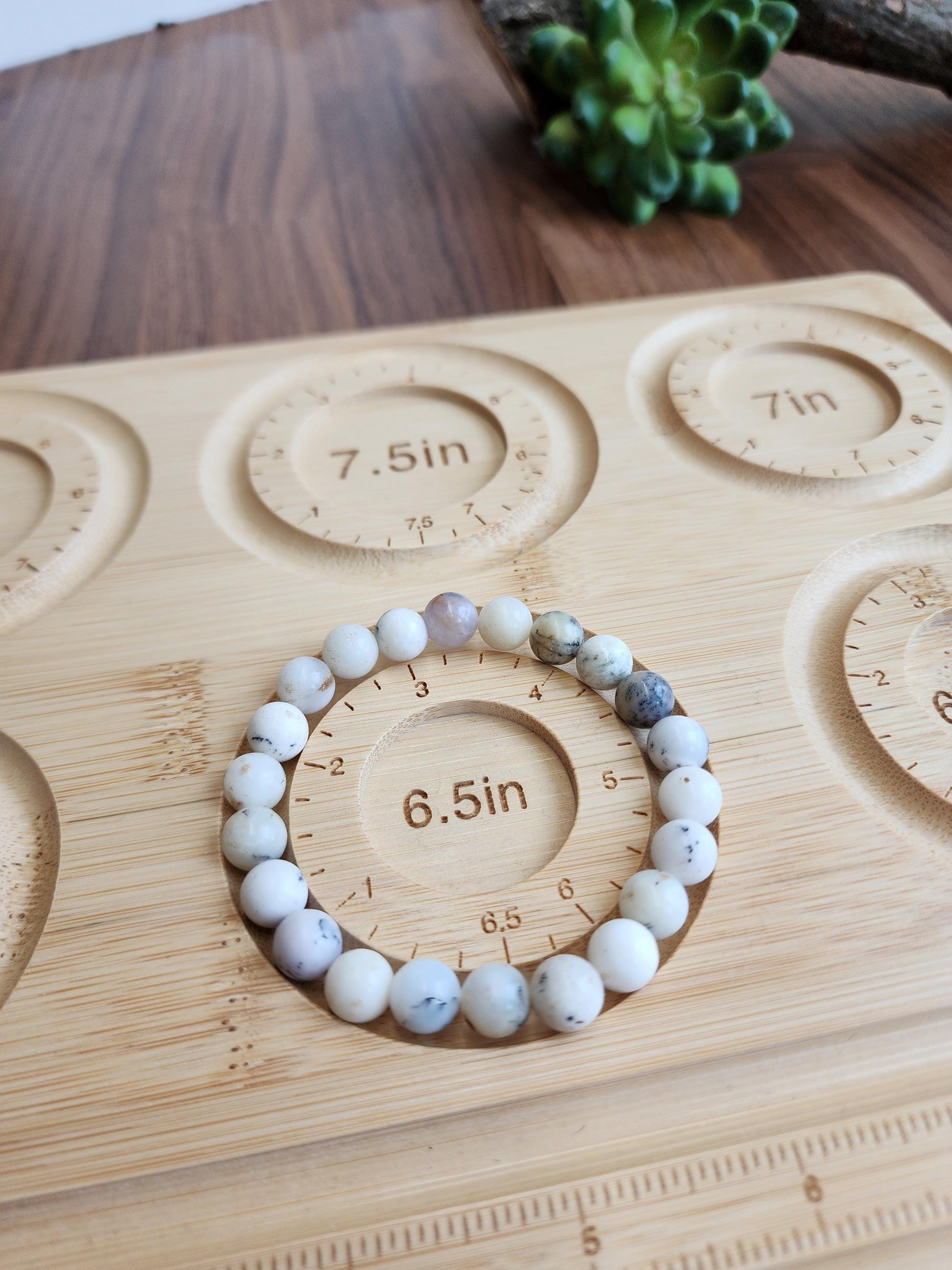 White Dendritic Opal Bracelet: 8MM Natural Crystal Tree Agate Beads | Rare Black and Gray Inclusions | Unique High Quality Gemstone Gifts