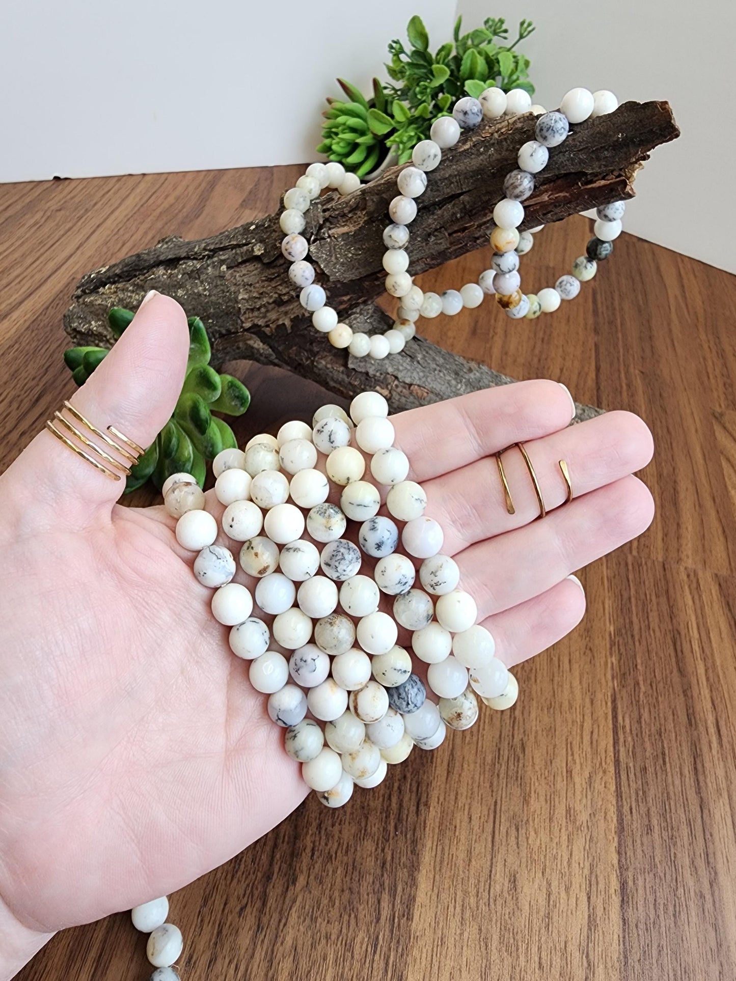 White Dendritic Opal Bracelet: 8MM Natural Crystal Tree Agate Beads | Rare Black and Gray Inclusions | Unique High Quality Gemstone Gifts