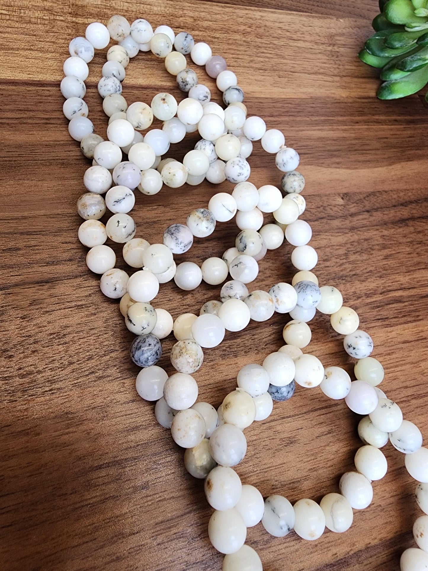White Dendritic Opal Bracelet: 8MM Natural Crystal Tree Agate Beads | Rare Black and Gray Inclusions | Unique High Quality Gemstone Gifts