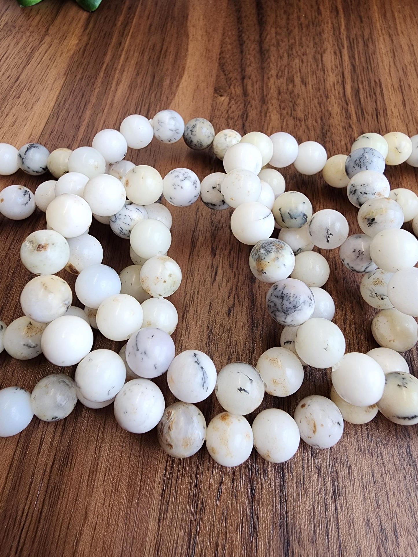 White Dendritic Opal Bracelet: 8MM Natural Crystal Tree Agate Beads | Rare Black and Gray Inclusions | Unique High Quality Gemstone Gifts