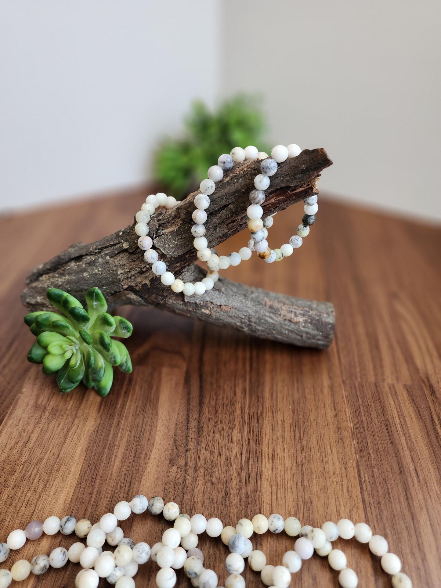 White Dendritic Opal Bracelet: 8MM Natural Crystal Tree Agate Beads | Rare Black and Gray Inclusions | Unique High Quality Gemstone Gifts