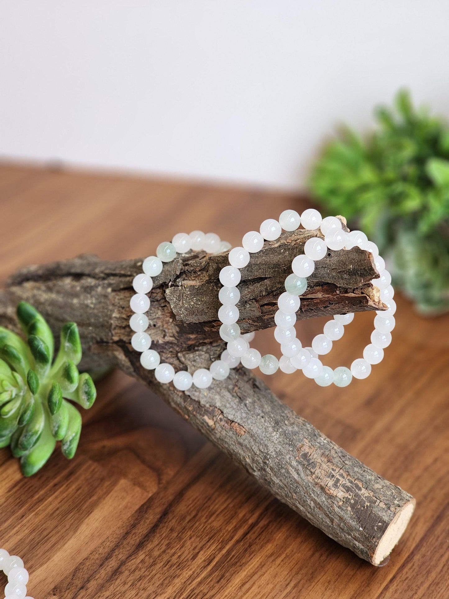 Ice Mountain Jade Bracelet: 8MM Natural Icy Jadeite Crystal Beads | Clear White with Cloudy hints of Green Sage | Rare High Quality Gemstone