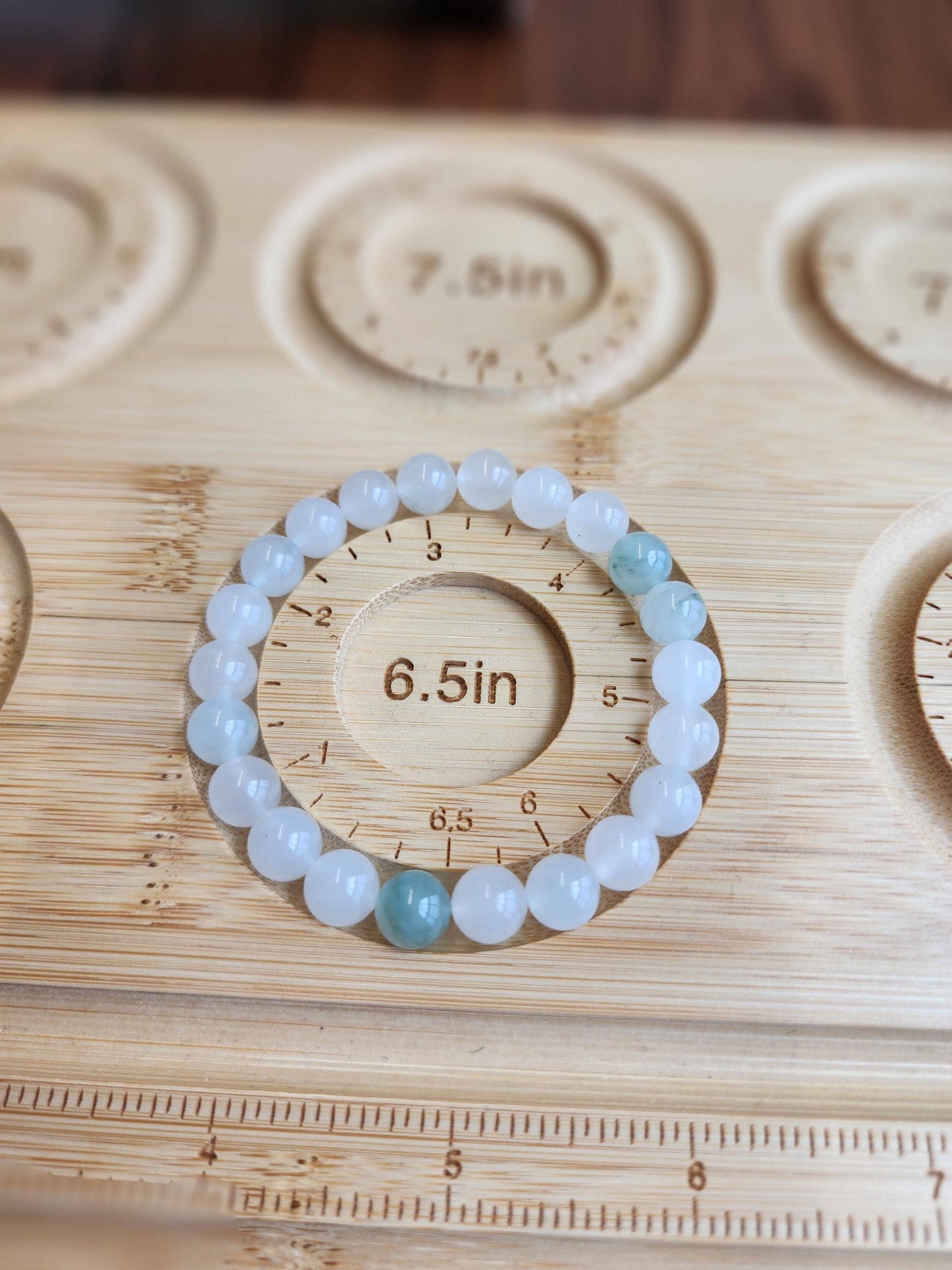 Ice Mountain Jade Bracelet: 8MM Natural Icy Jadeite Crystal Beads | Clear White with Cloudy hints of Green Sage | Rare High Quality Gemstone