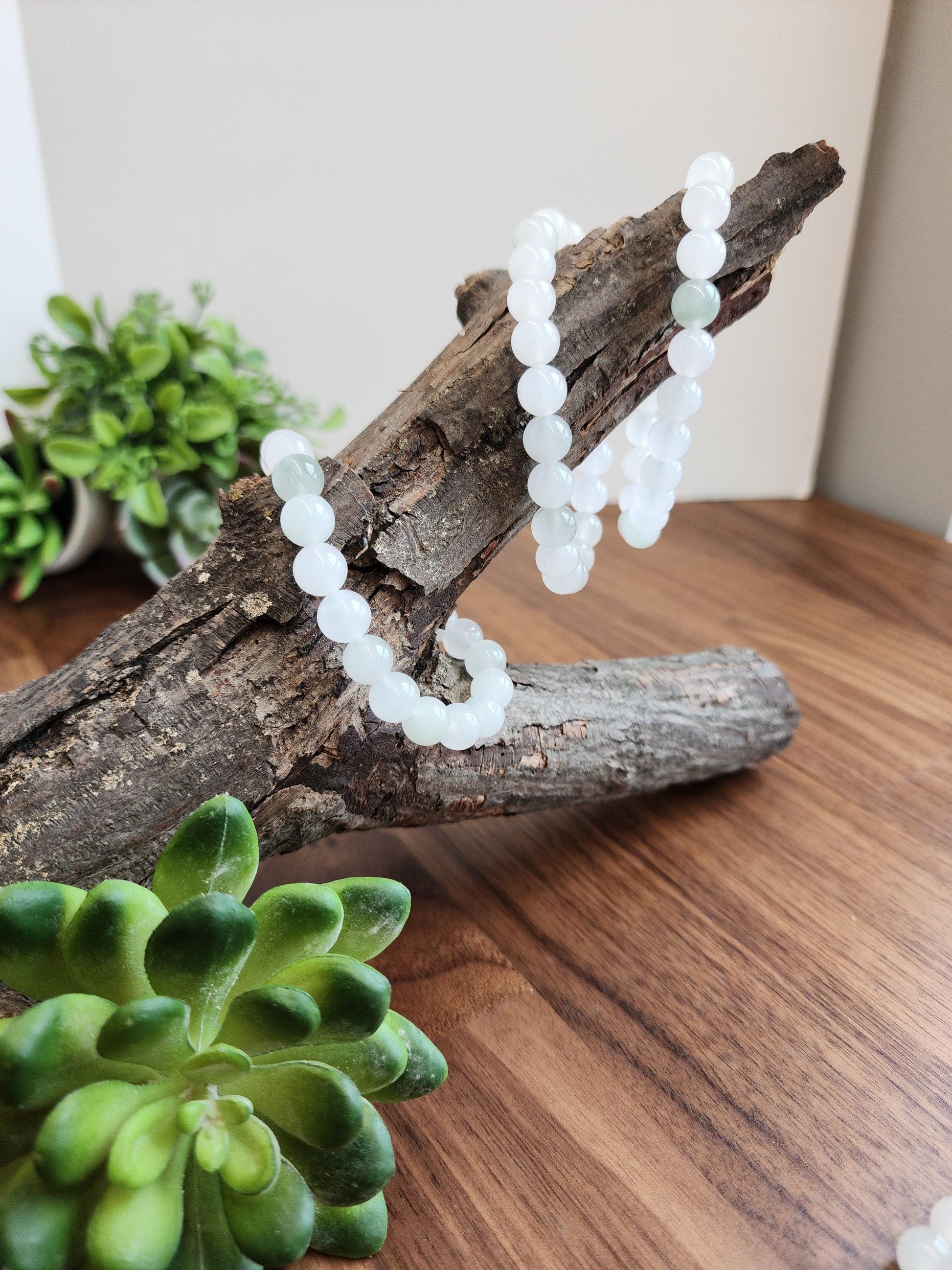 Ice Mountain Jade Bracelet: 8MM Natural Icy Jadeite Crystal Beads | Clear White with Cloudy hints of Green Sage | Rare High Quality Gemstone