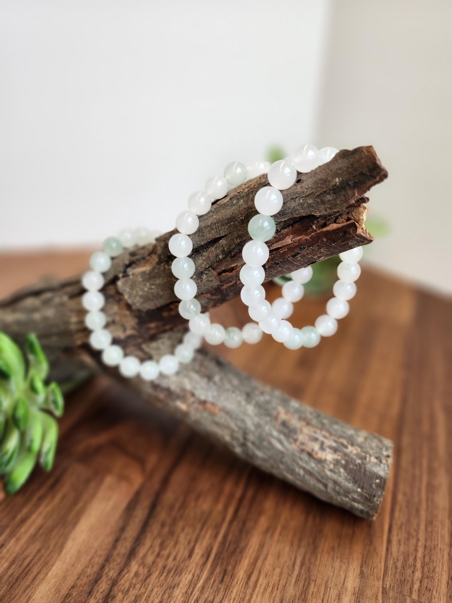 Ice Mountain Jade Bracelet: 8MM Natural Icy Jadeite Crystal Beads | Clear White with Cloudy hints of Green Sage | Rare High Quality Gemstone