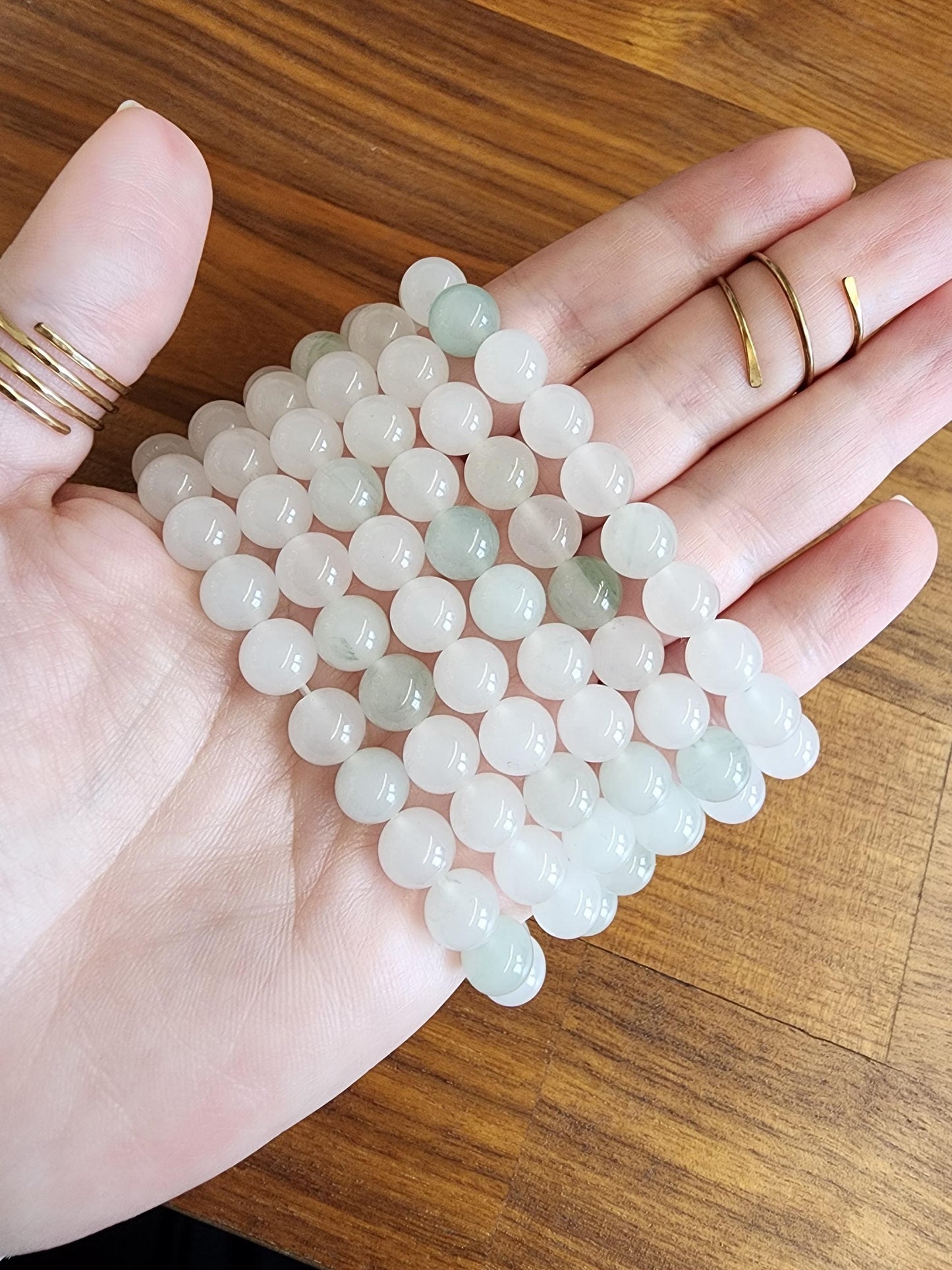 Ice Mountain Jade Bracelet: 8MM Natural Icy Jadeite Crystal Beads | Clear White with Cloudy hints of Green Sage | Rare High Quality Gemstone