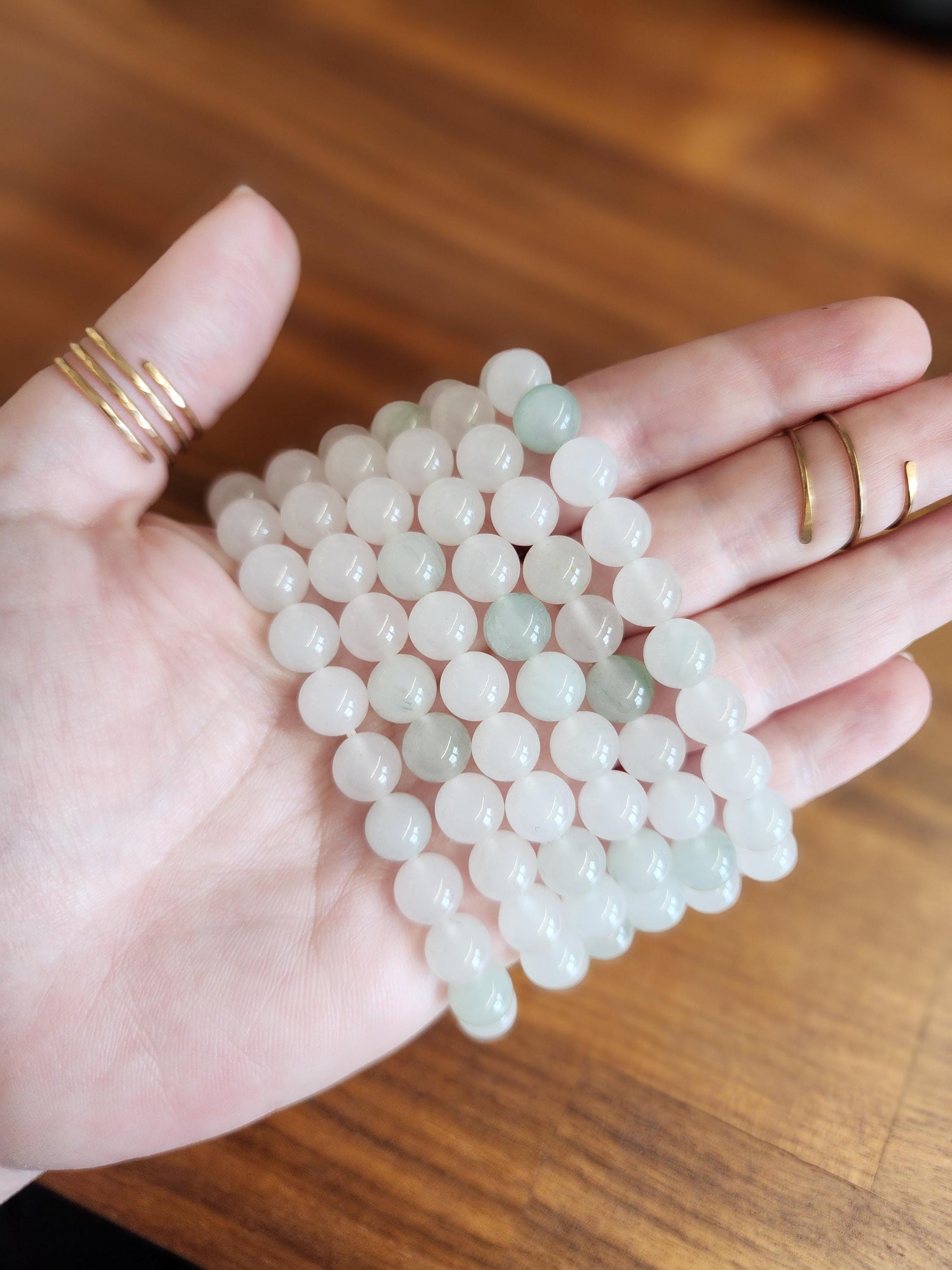 Ice Mountain Jade Bracelet: 8MM Natural Icy Jadeite Crystal Beads | Clear White with Cloudy hints of Green Sage | Rare High Quality Gemstone