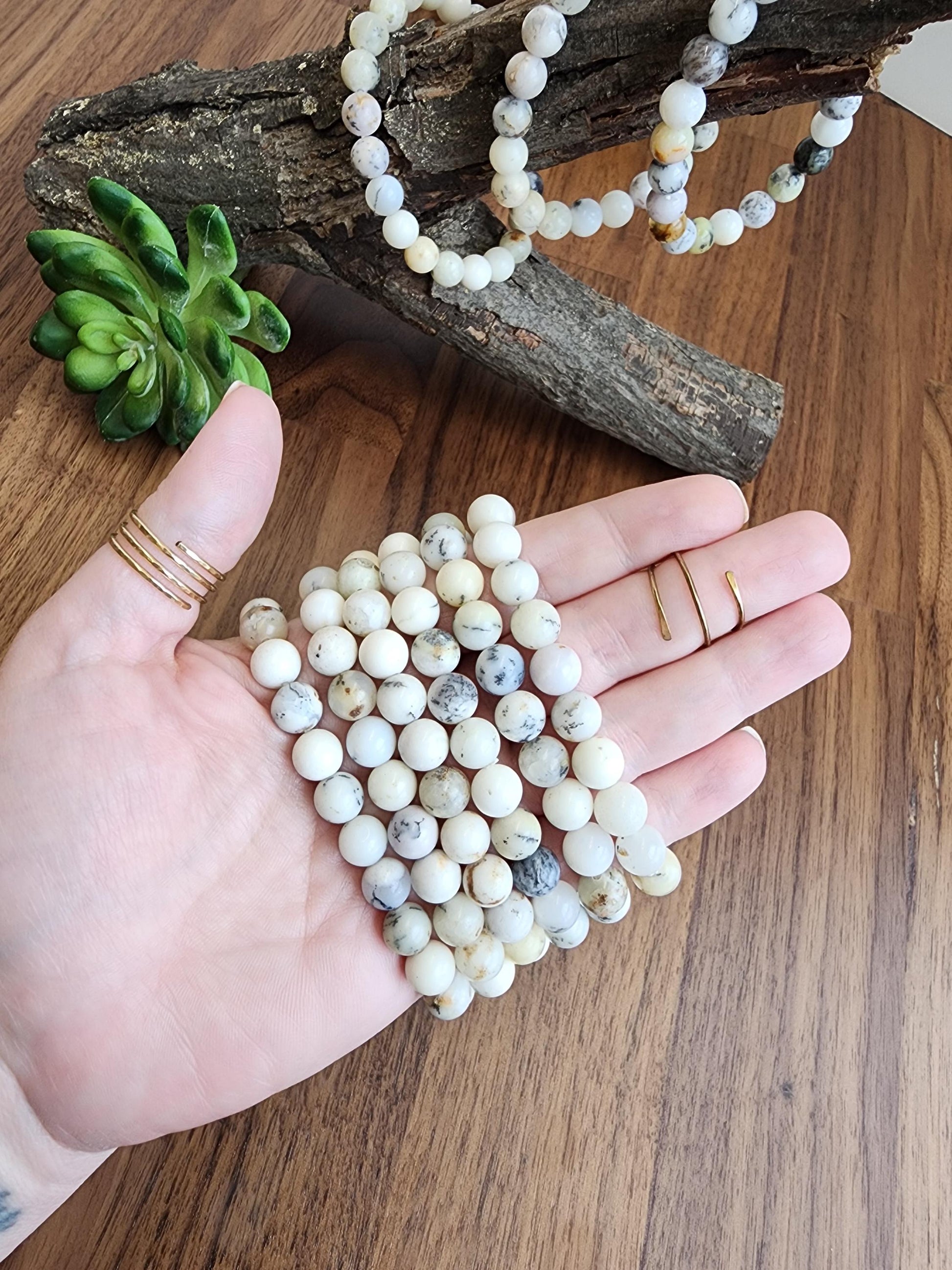 White Dendritic Opal Bracelet: 8MM Natural Crystal Tree Agate Beads | Rare Black and Gray Inclusions | Unique High Quality Gemstone Gifts