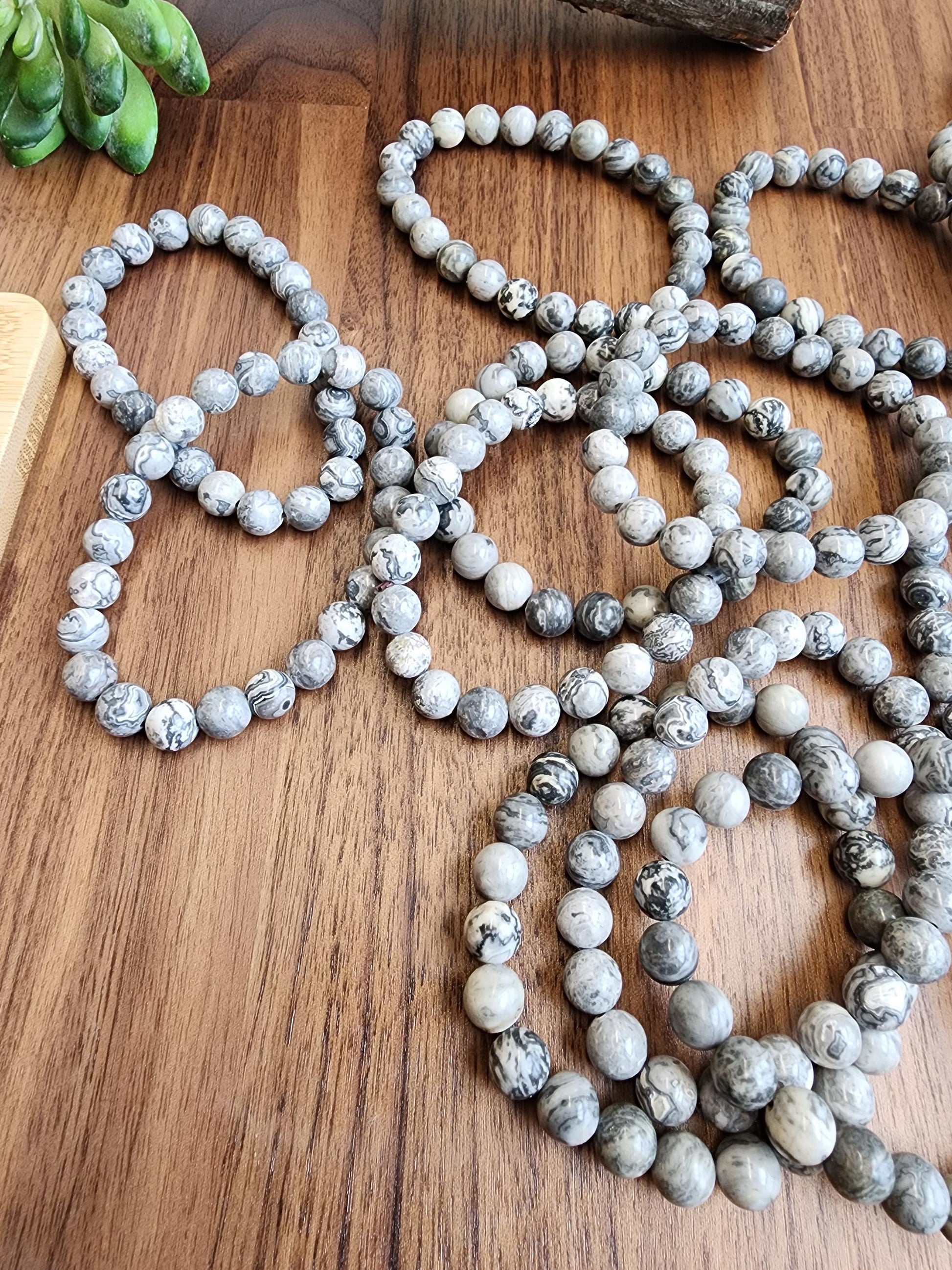 Gray Picasso Jasper Crystal Bracelet, Marbled Beads (8mm Stretch)