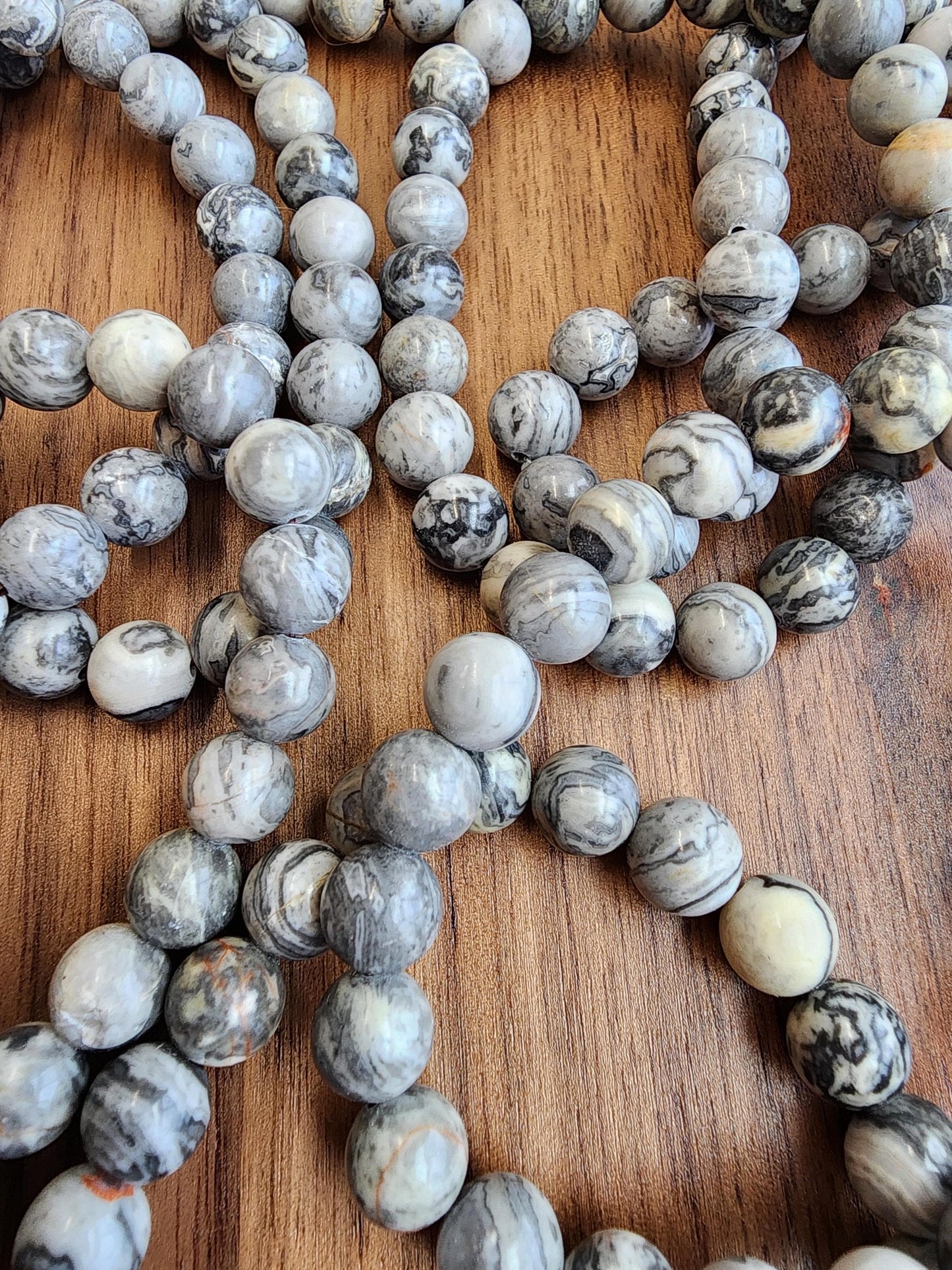 Gray Picasso Jasper Crystal Bracelet, Marbled Beads (8mm Stretch)