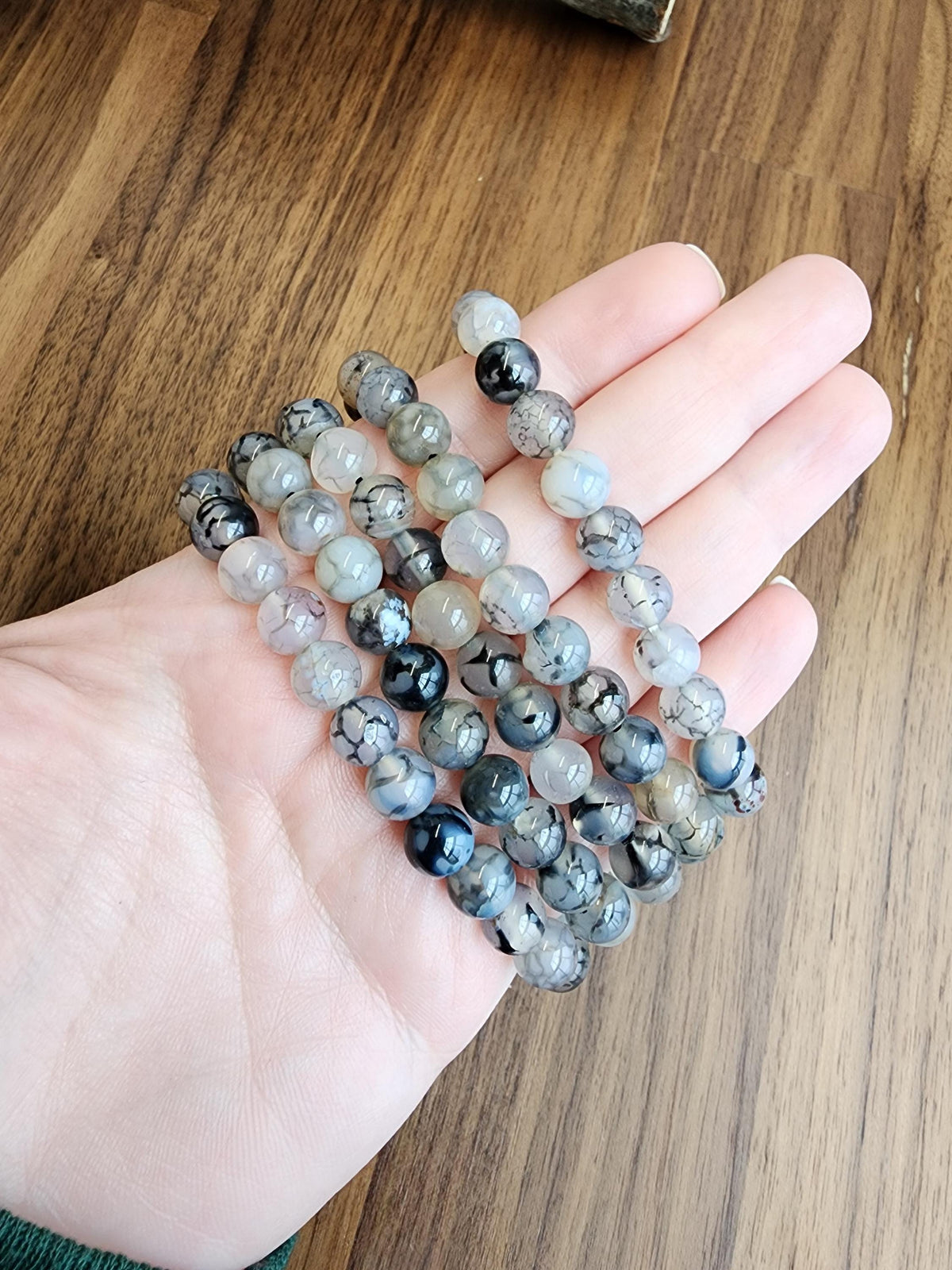 Dragon Lace Agate Bracelet: 7.5MM Translucent Blue Crystal with Black Veins and Webbing | Cloudy Gray Patterned Unique Jewelry | Goth Vibes