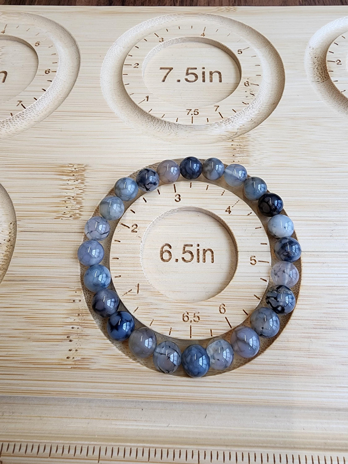 Dragon Lace Agate Bracelet: 7.5MM Translucent Blue Crystal with Black Veins and Webbing | Cloudy Gray Patterned Unique Jewelry | Goth Vibes