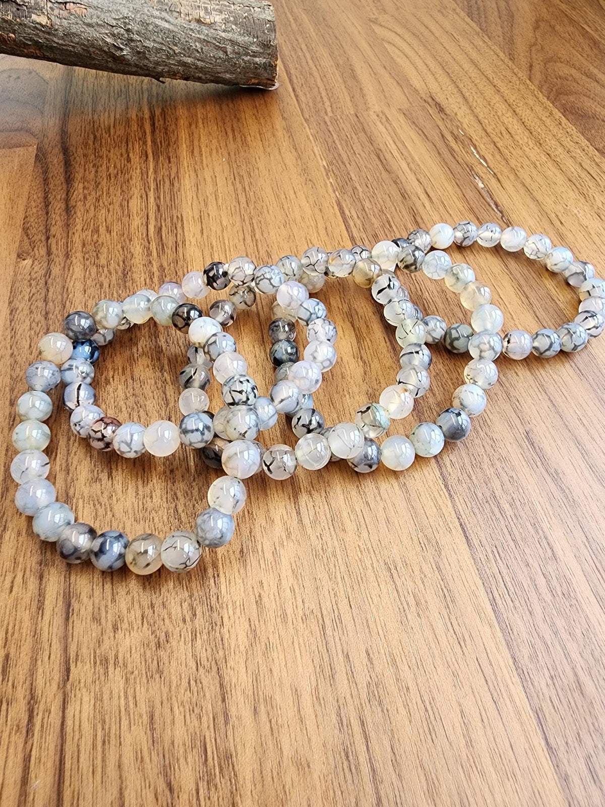 Dragon Lace Agate Bracelet: 7.5MM Translucent Blue Crystal with Black Veins and Webbing | Cloudy Gray Patterned Unique Jewelry | Goth Vibes