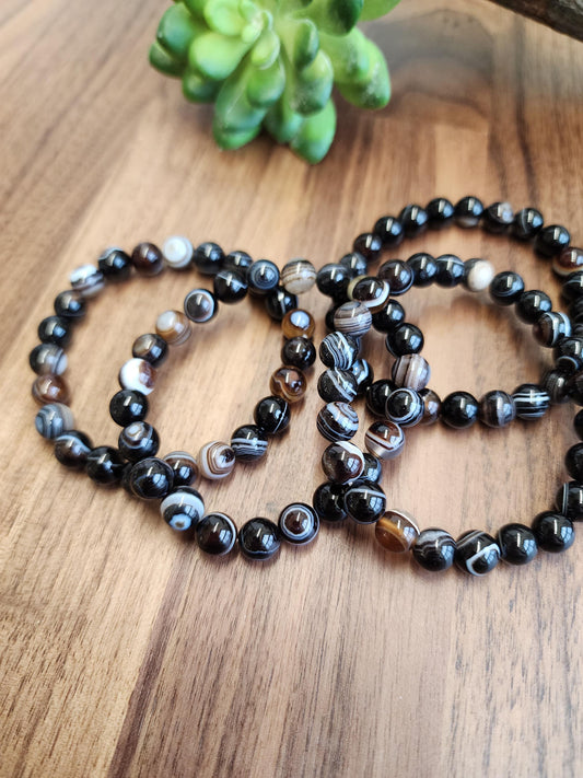 Black Banded Agate Bracelet: 8MM Sardonyx Crystal Beads | White & Coffee Brown Striped Patterns | Beautiful Swirl Patterns | Unique Gift
