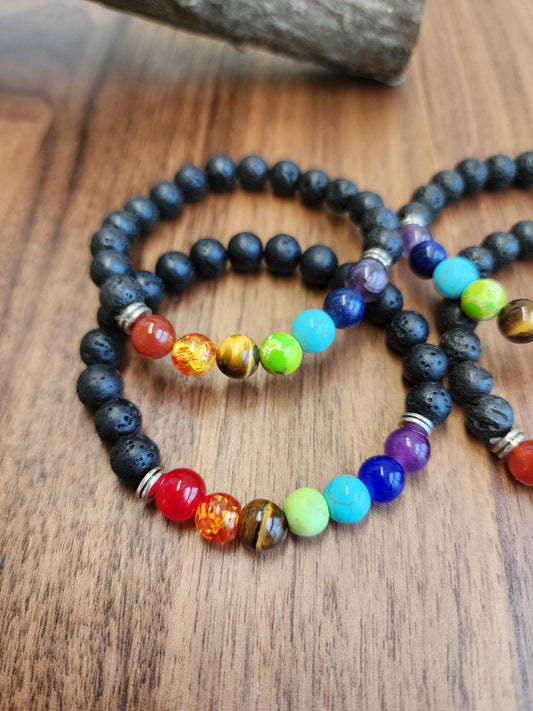 7 Chakra Bracelet: 8MM Lava Rock Crystal Beads | Rainbow Jewelry | Spiritual Yoga Meditation and Prayer Charm | ROYGBIV Wearable Art