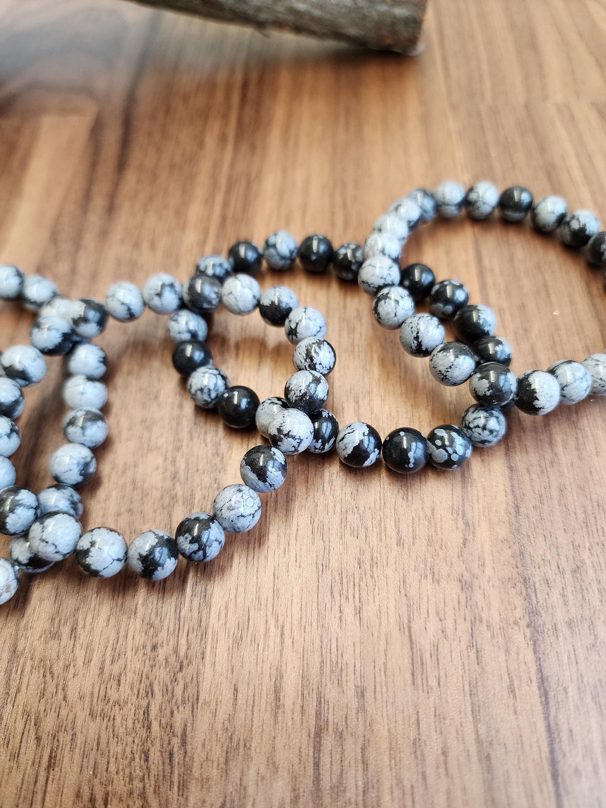 Snowflake Obsidian Bracelet | 8MM Black Crystal Beads with White Chrysanthemum Blooms | Gothic Gift for Women & Men | Matching Couple Idea